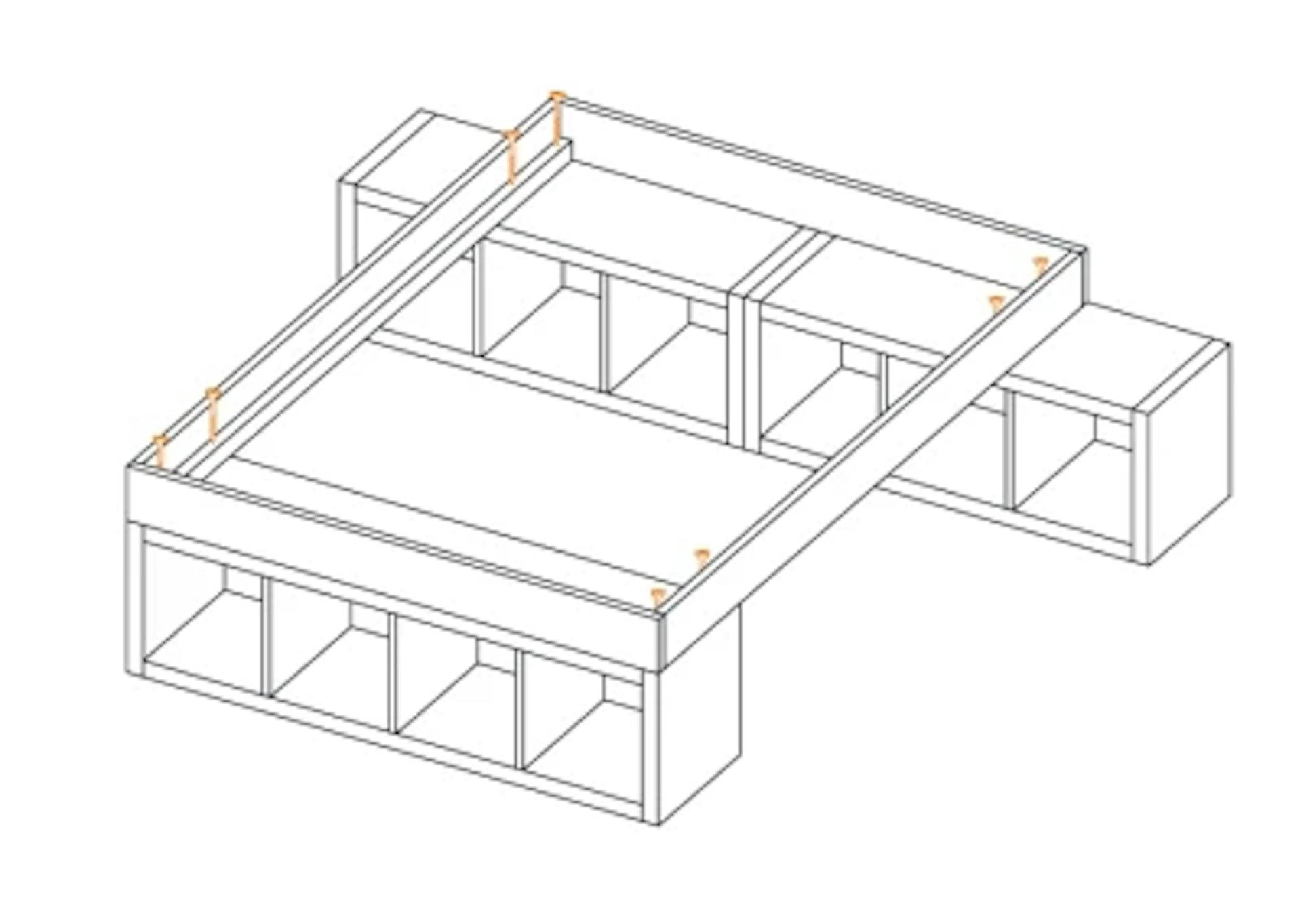Skizzierte Anleitung vom Verschrauben vom Bettrahmen auf Regale