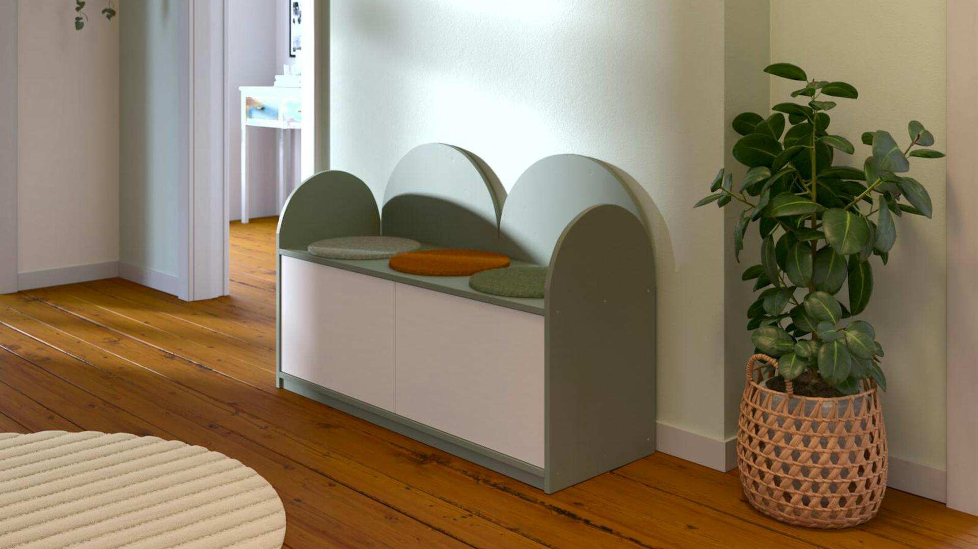 Una panca fai da te partendo da un mobile TV in un corridoio