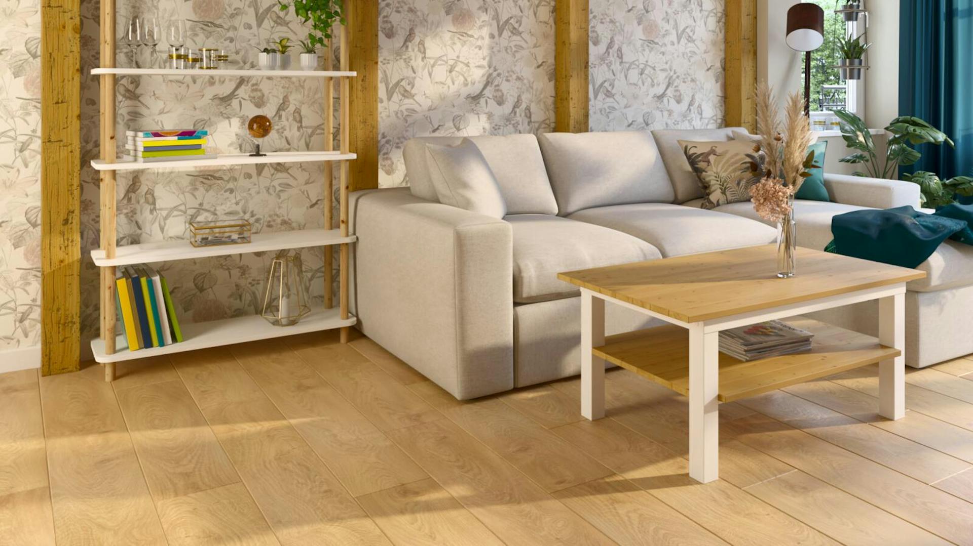 Un tavolino da salotto bianco con piano di legno in un soggiorno in stile country