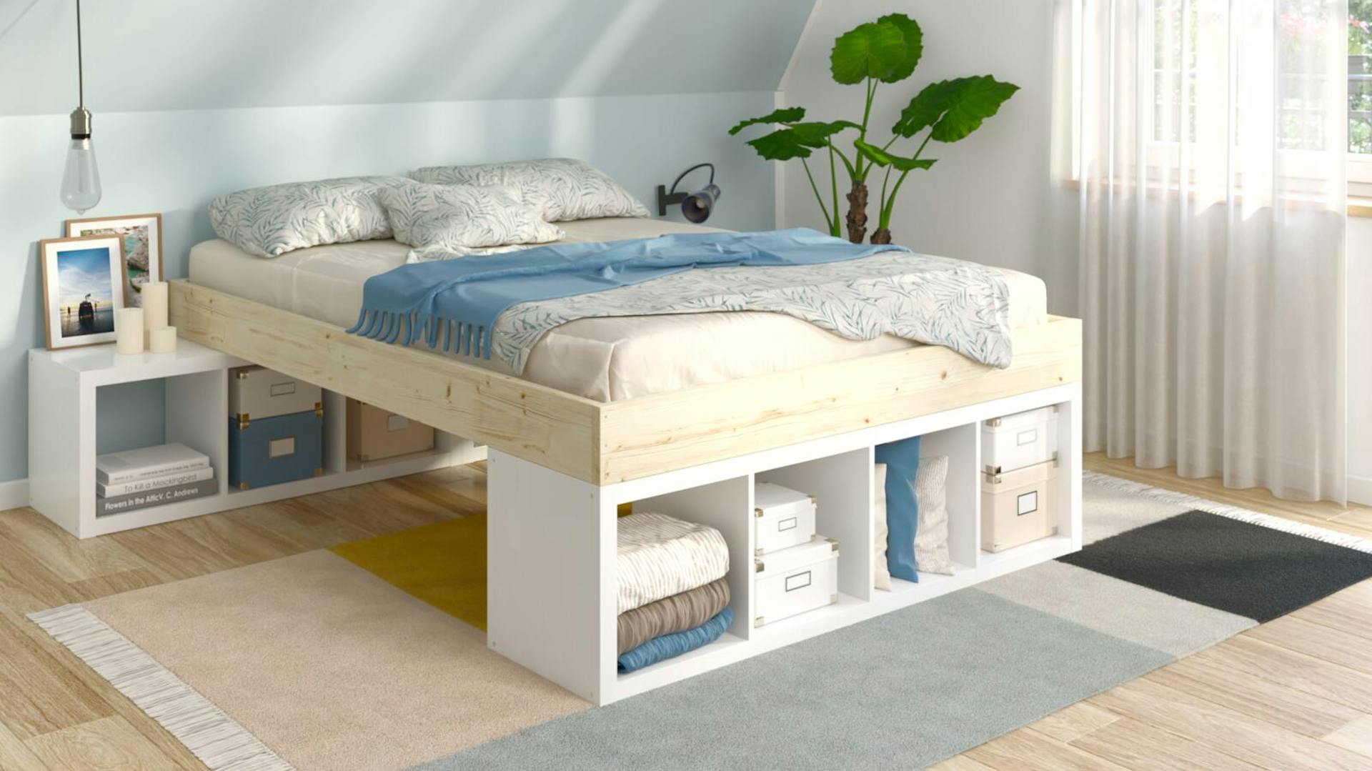 Bett auf weißen Regalen in einem hellen Zimmer