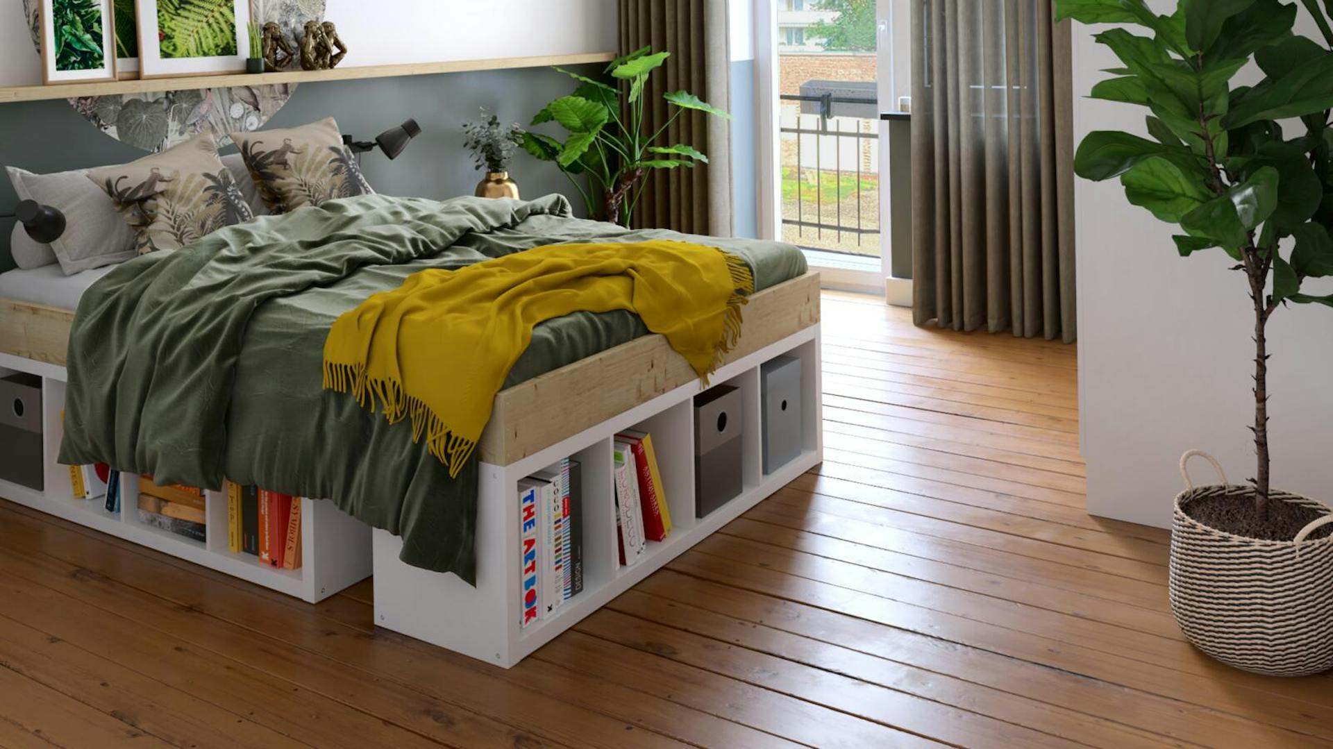 Weißes Bett mit integrierten Regalen unter der Matratze in einem hellen Zimmer.