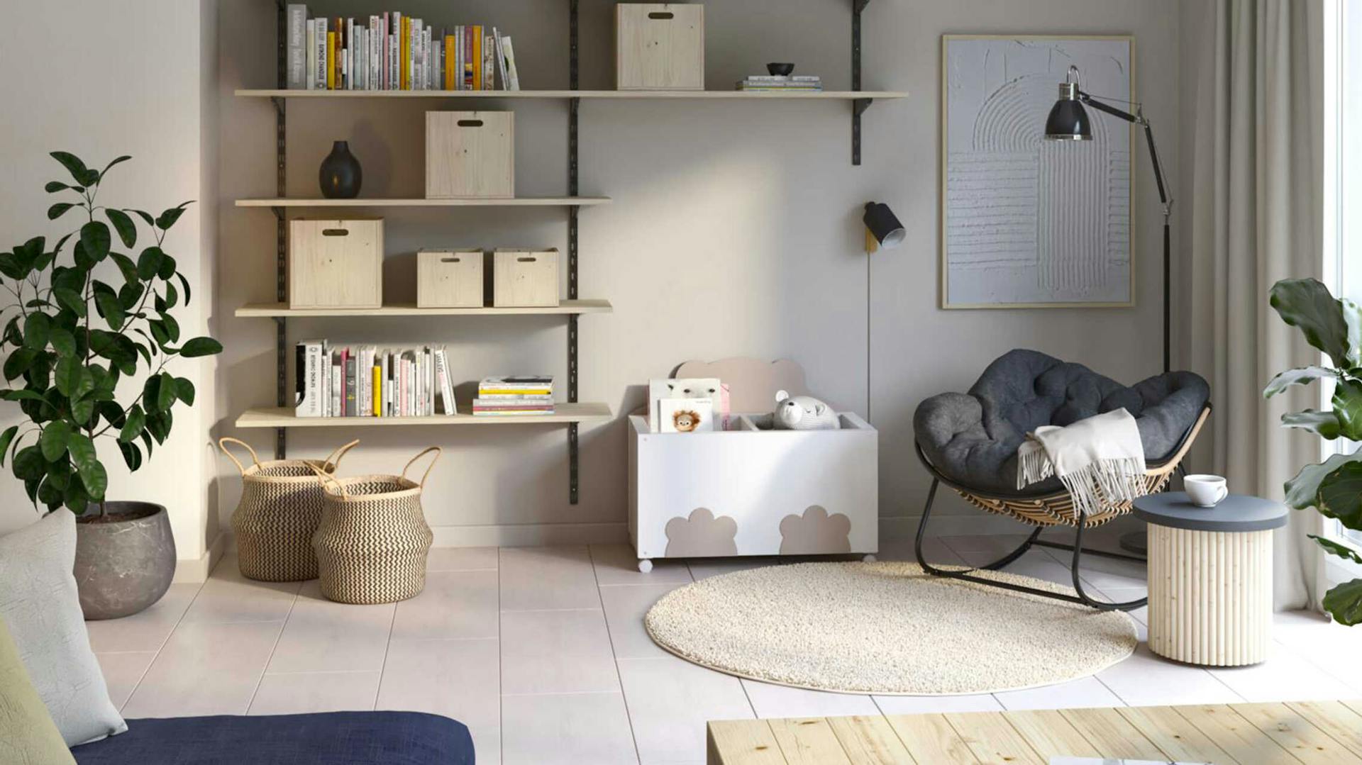 Die Wohnzimmer Ecke im Japandi Stil in hellen Tönen und mit eleganter Einrichtung.