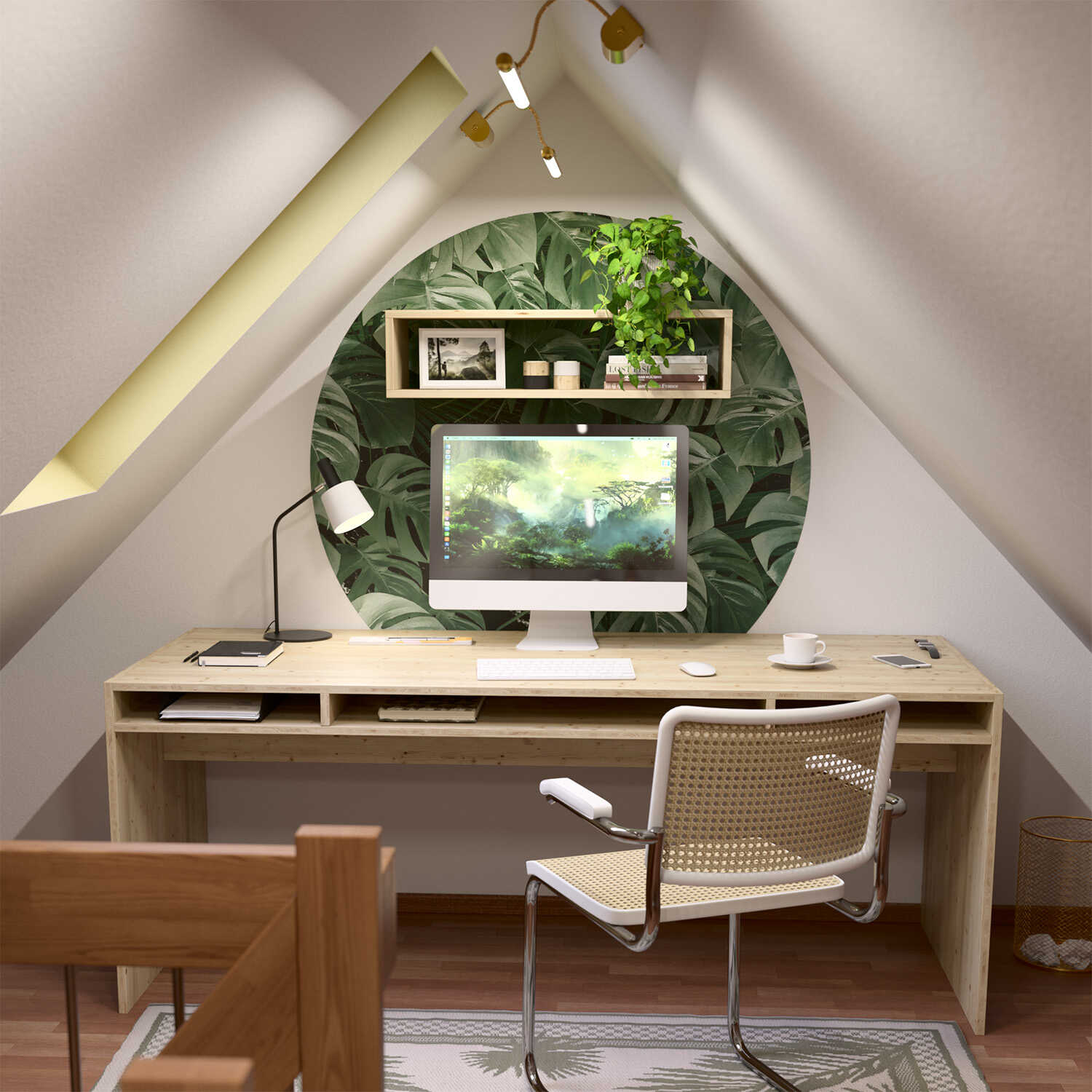Arbeitszimmer im Dachgeschoss vor Giebelwand im Jungle-Botanik-Style nach Renovierung