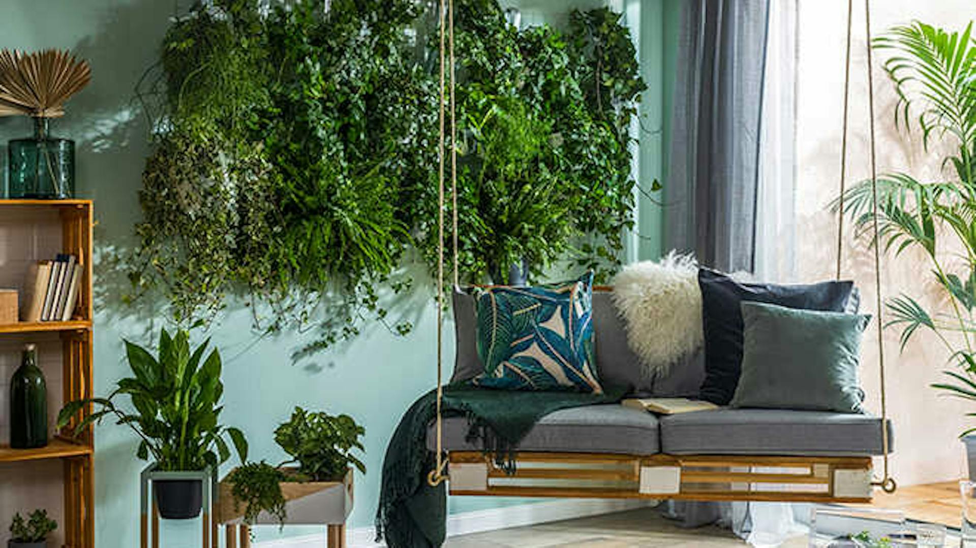 Palettenschaukel Baumelig hängt neben dem Kistenregal in einem Wohnzimmer mit einer bepflanzten Wand.
