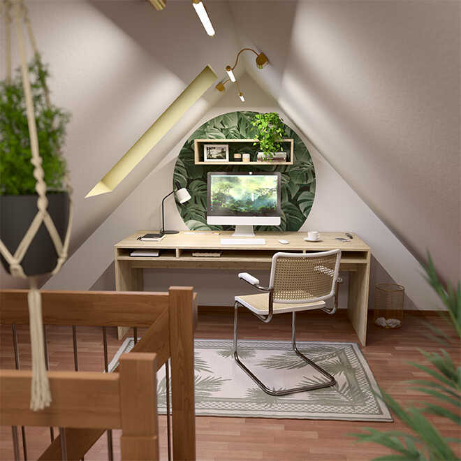 Ein Arbeitszimmer mit einer Pflanzen-Fototapete hinter dem Computerbildschirm.