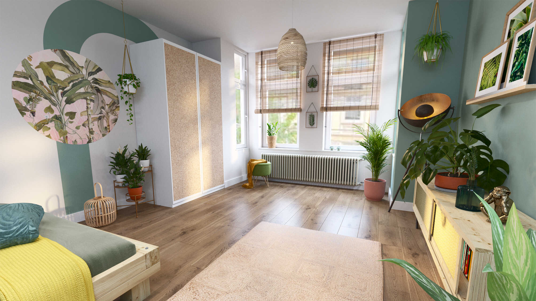 Ein Schlafzimmer mit Junglemotiv und vielen Pflanzen, wo einige auf Sideboard Jona abgestellt worden sind.