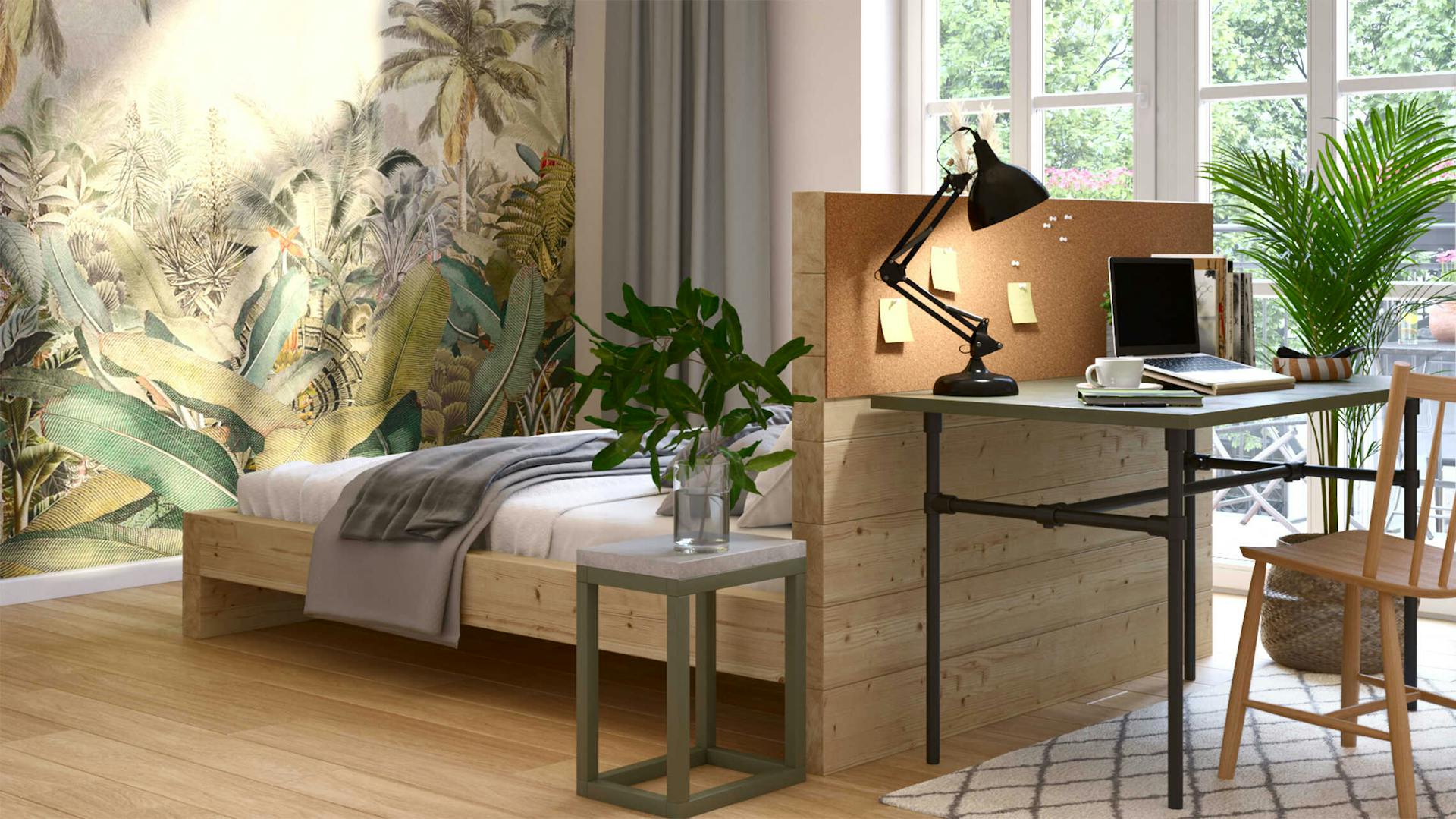 Bett Franz mit einem erhöhtem Kopfteil, an dem Tisch Robert drangestellt worden ist, steht mittig im Raum , der eine einzelne Wand mit Dschungeltapete besitzt.