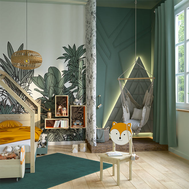 Ein Kinderzimmer mit Wald Motiven als Wandgestaltung und gesonderten Leseecke mit Hängesessel und durch indirekter Beleuchtung hervorgehobenen Fläche dahinter.