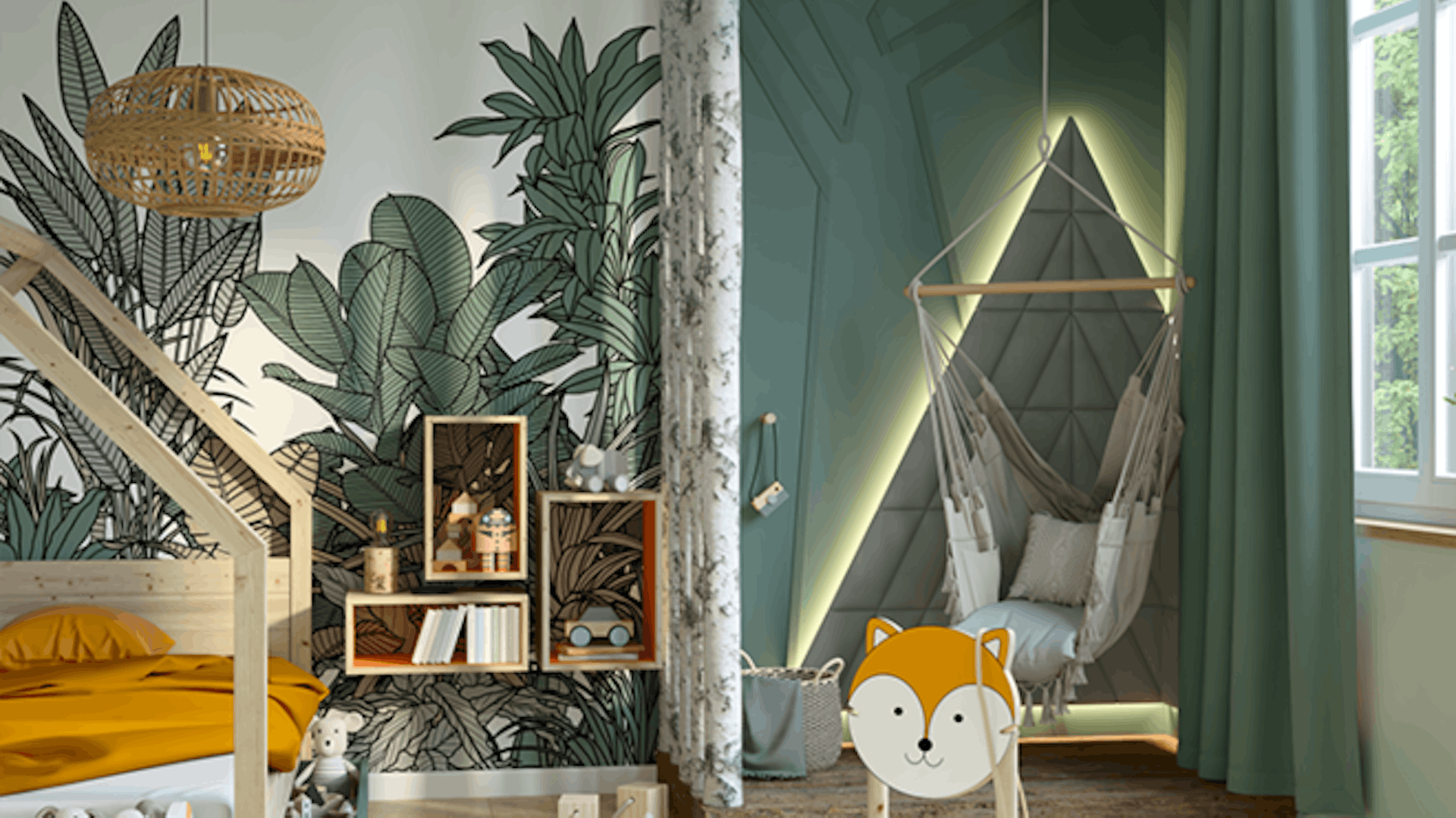 Ein Kinderzimmer mit Wald Motiven als Wandgestaltung und gesonderten Leseecke mit Hängesessel und durch indirekter Beleuchtung hervorgehobenen Fläche dahinter.