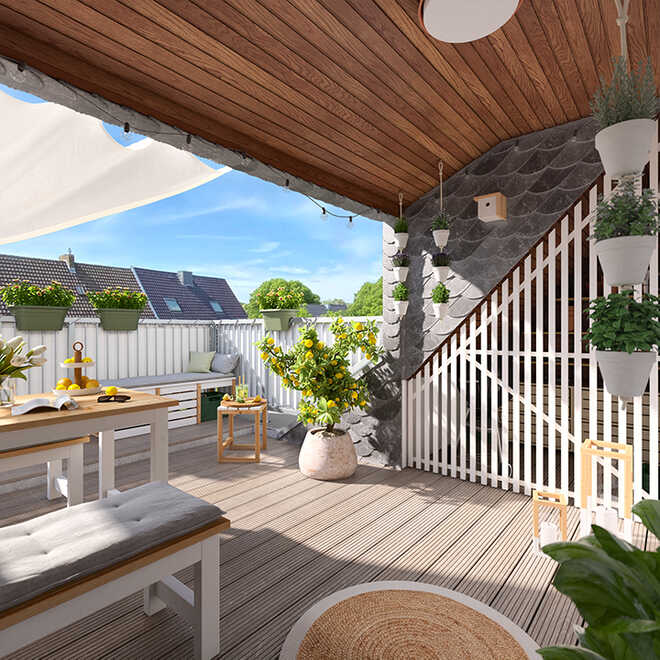 Auf einem großen Balkon stehen Garten Richard und die Balkonbank Lasse umgeben von Kräutern und Pflanzen.