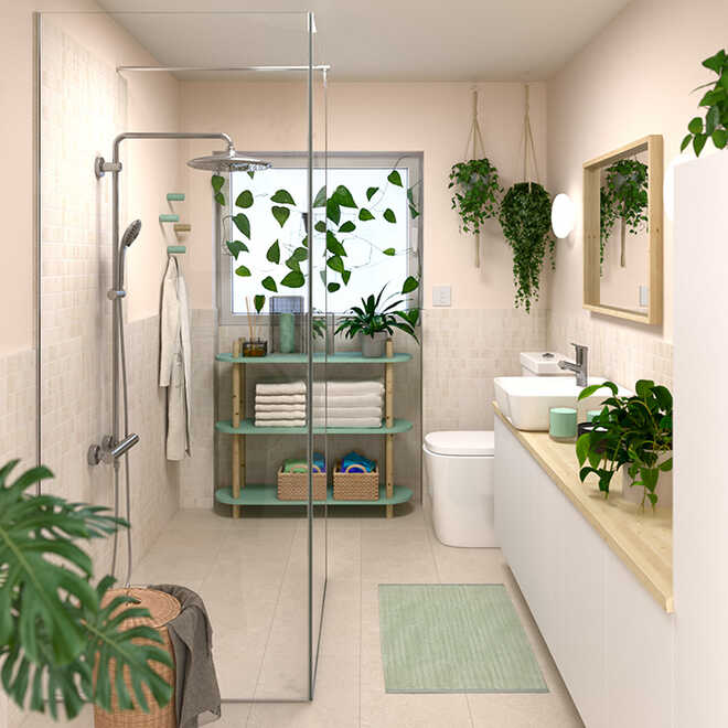 In einem hellen Badezimmer steht sich unter dem Fenster das Regal Johann. Davor befindet sich eine Dusche. Gegenüber der Dusche sind eine Toilette und ein Waschtisch.