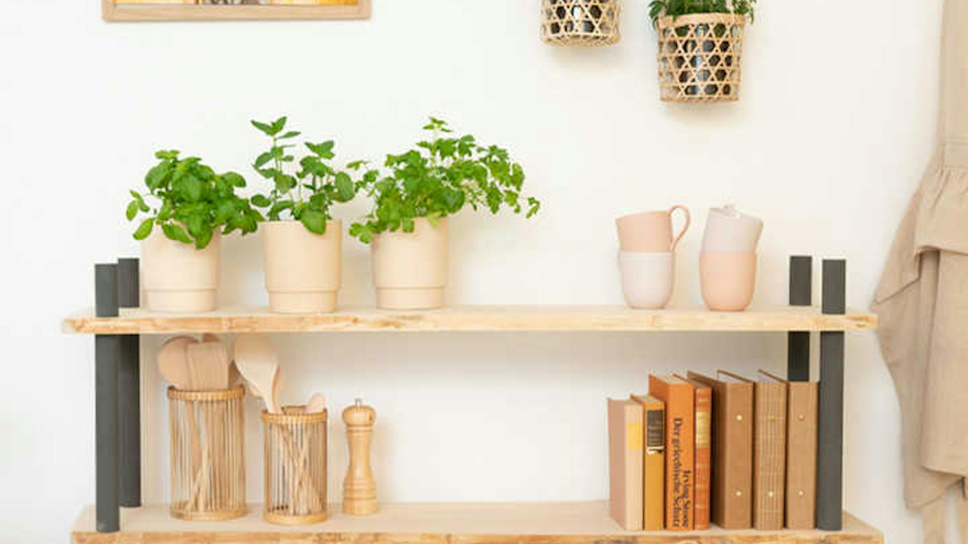 Regal Gregor mit Geschirr, Lebensmitteln, Pflanzen und Büchern