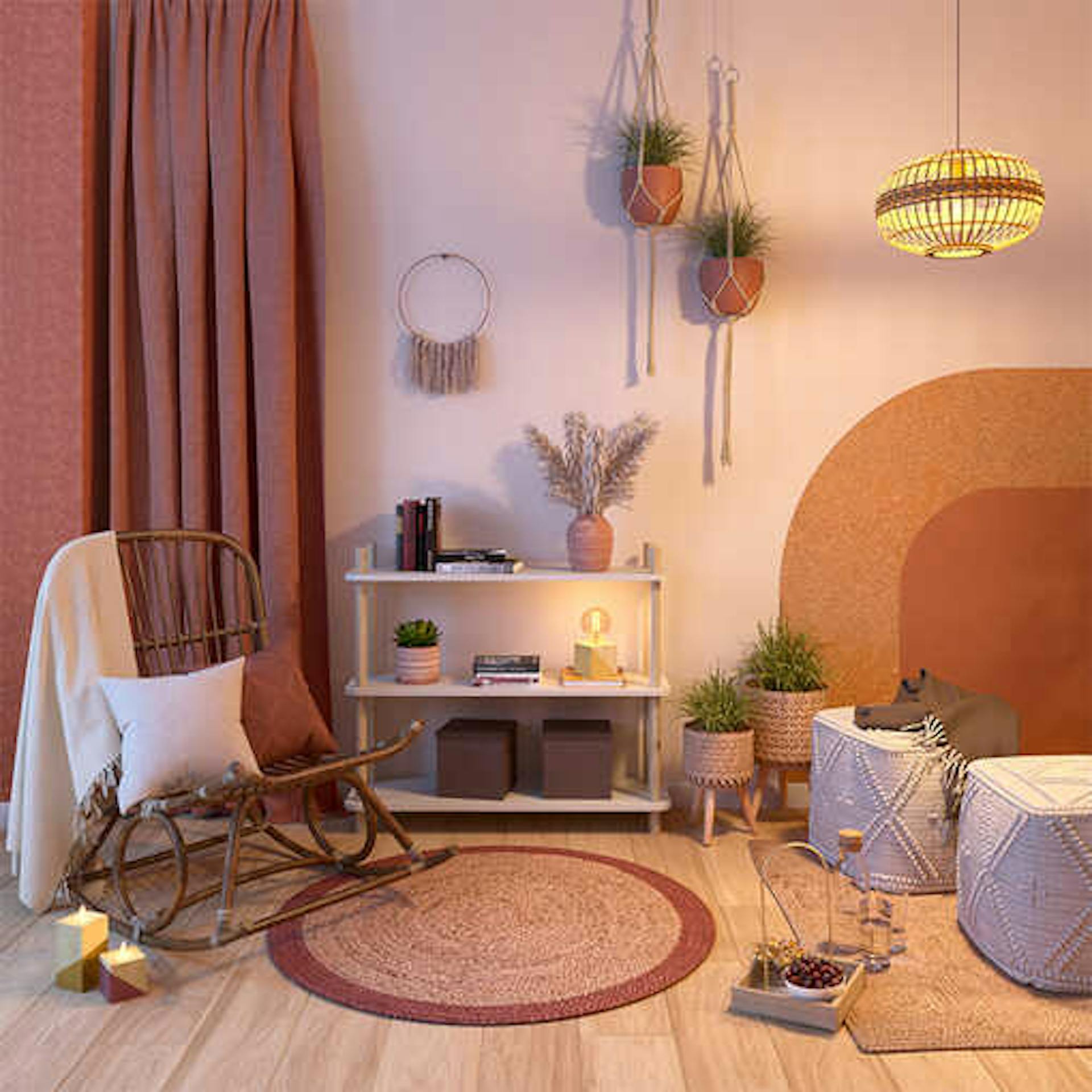 Regal Gregor steht zentriert vor einer Wand, die rechts eine große Farbfläche in Orange als Wandgestaltung nutzt, und links von ihm steht ein Schaukelstuhl mit kleinen Kissen in warmen Erdtönen.