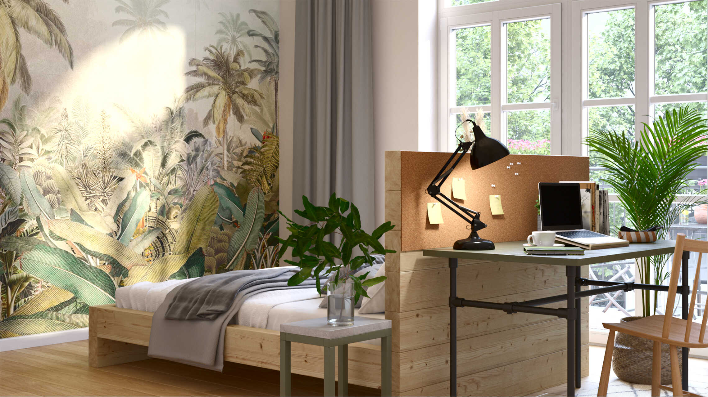 Schlafzimmer im Jungle-Stil mit Schreibtisch.