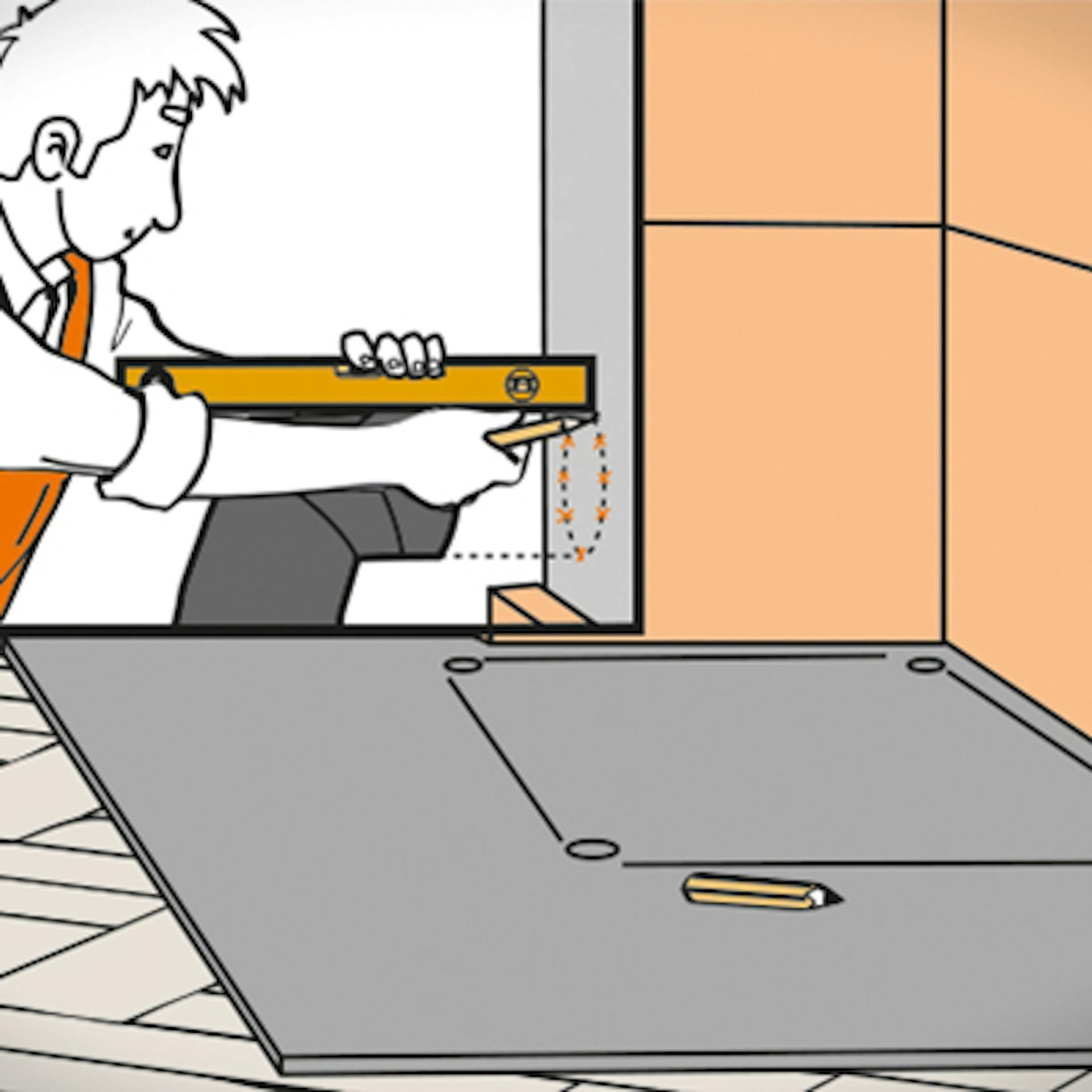 Pracovník kreslí obrysy krbu