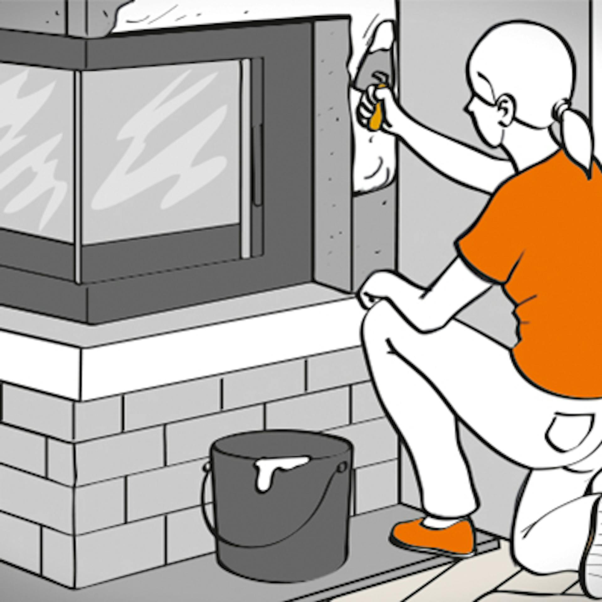 Pracovníčka nanáša omietku na vlastnoručne postavený krb