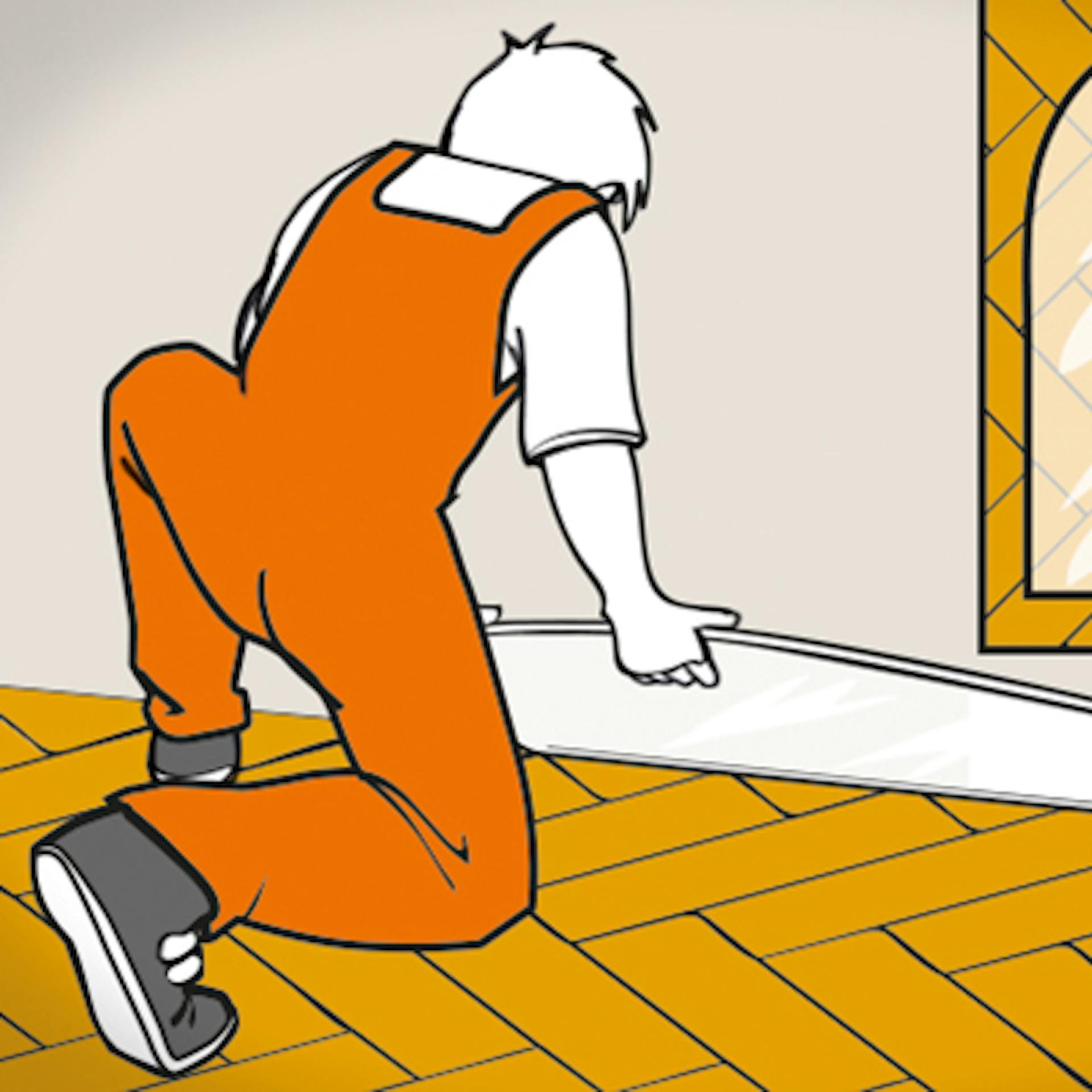 Person legt Bodenplatte für den Kaminofen aus.