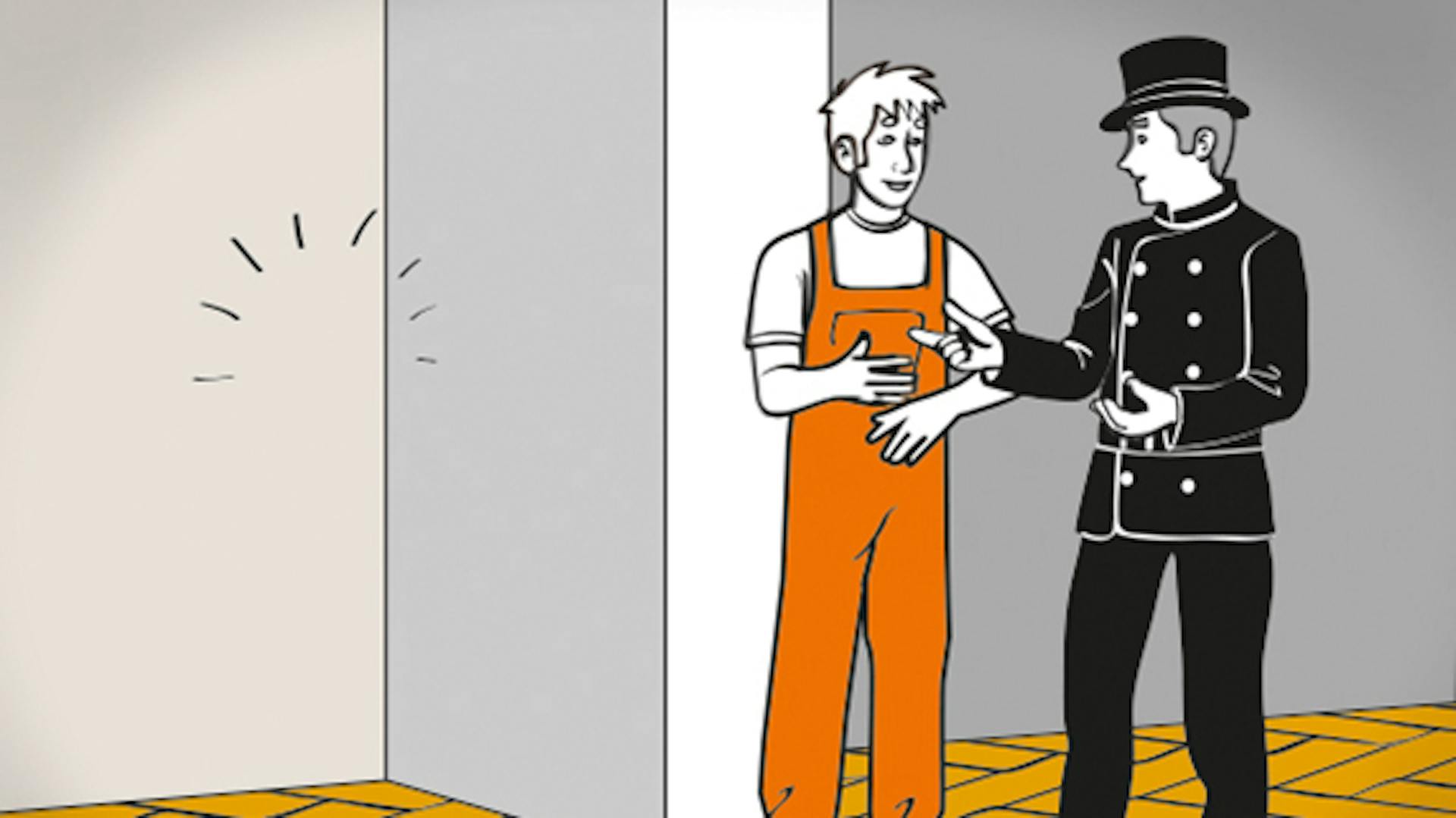 Schornsteinfeger berät Person zum Einbau eines Kaminofens.