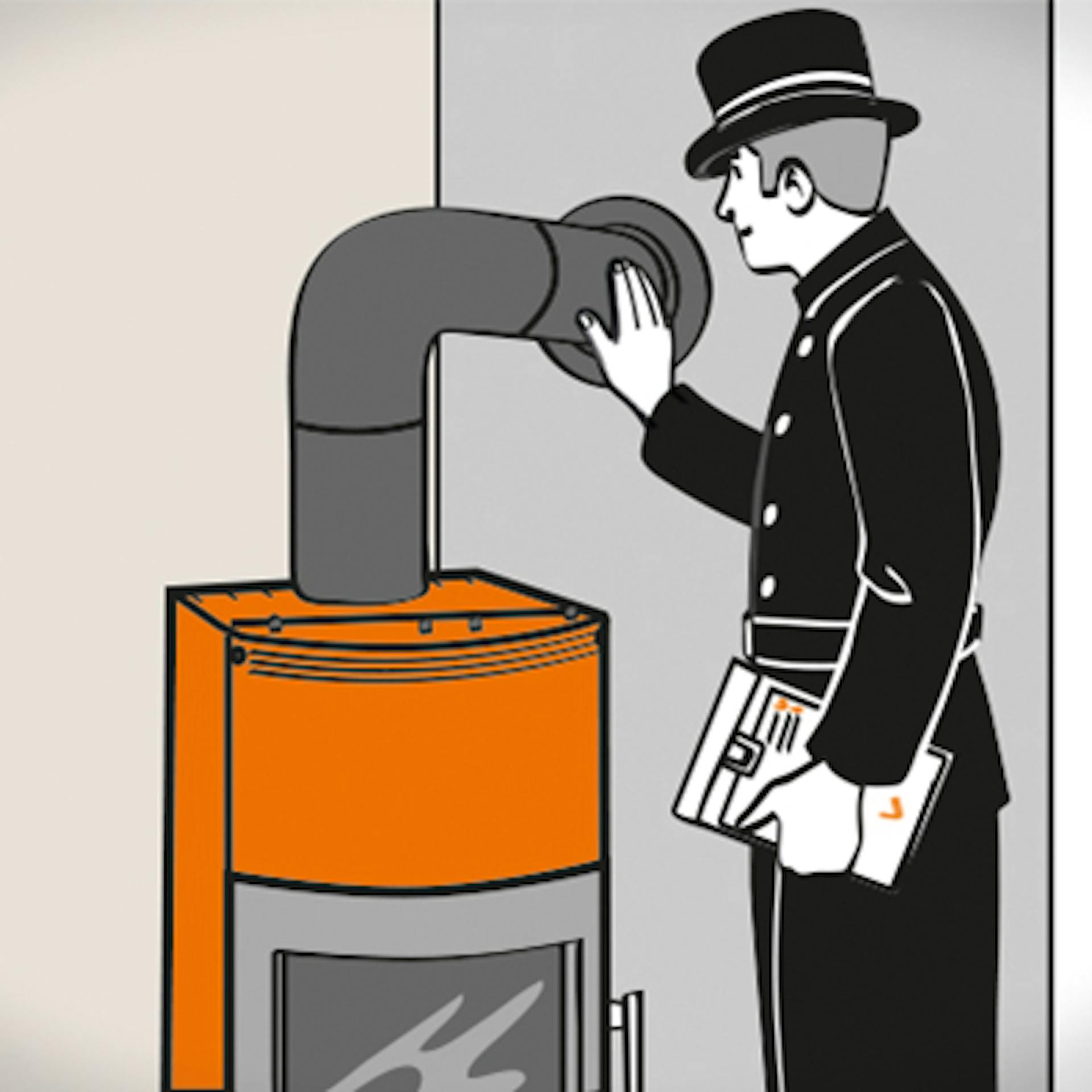 Schornsteinfeger nimmt Kaminofen ab.