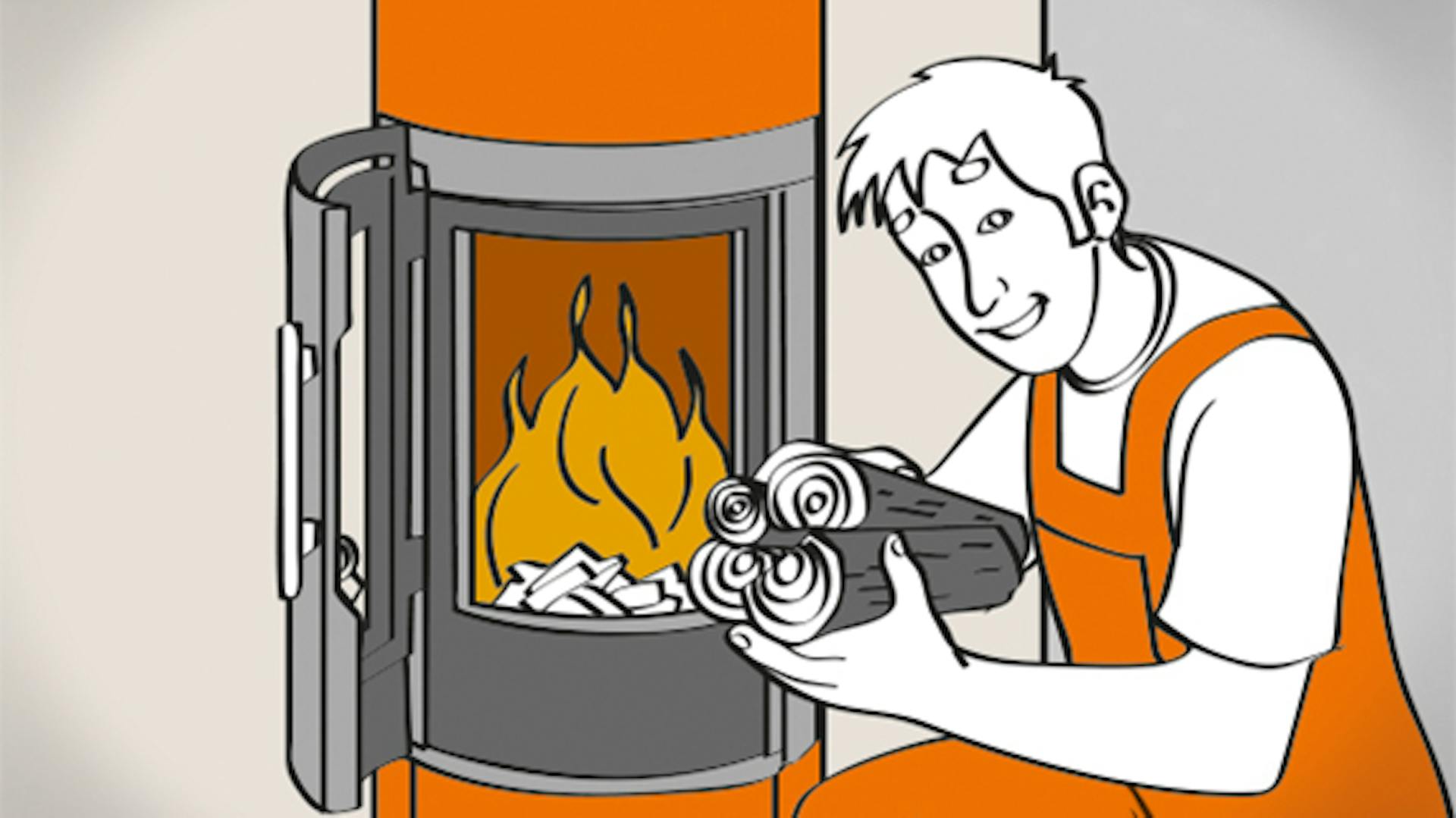 Person legt beim Kaminofen Brennholz nach.