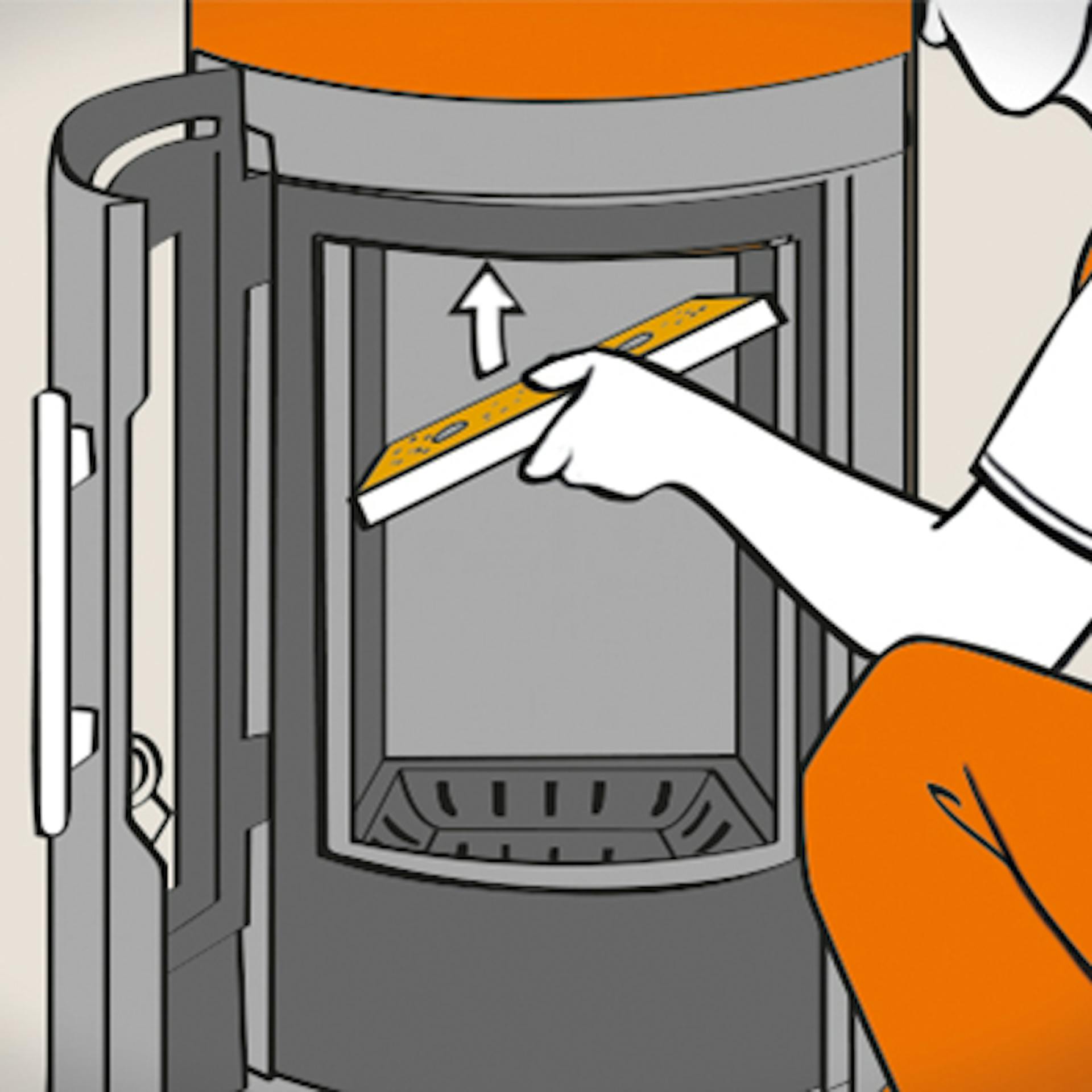 Person setzt Feinstaubfilter in den Kaminofen ein.