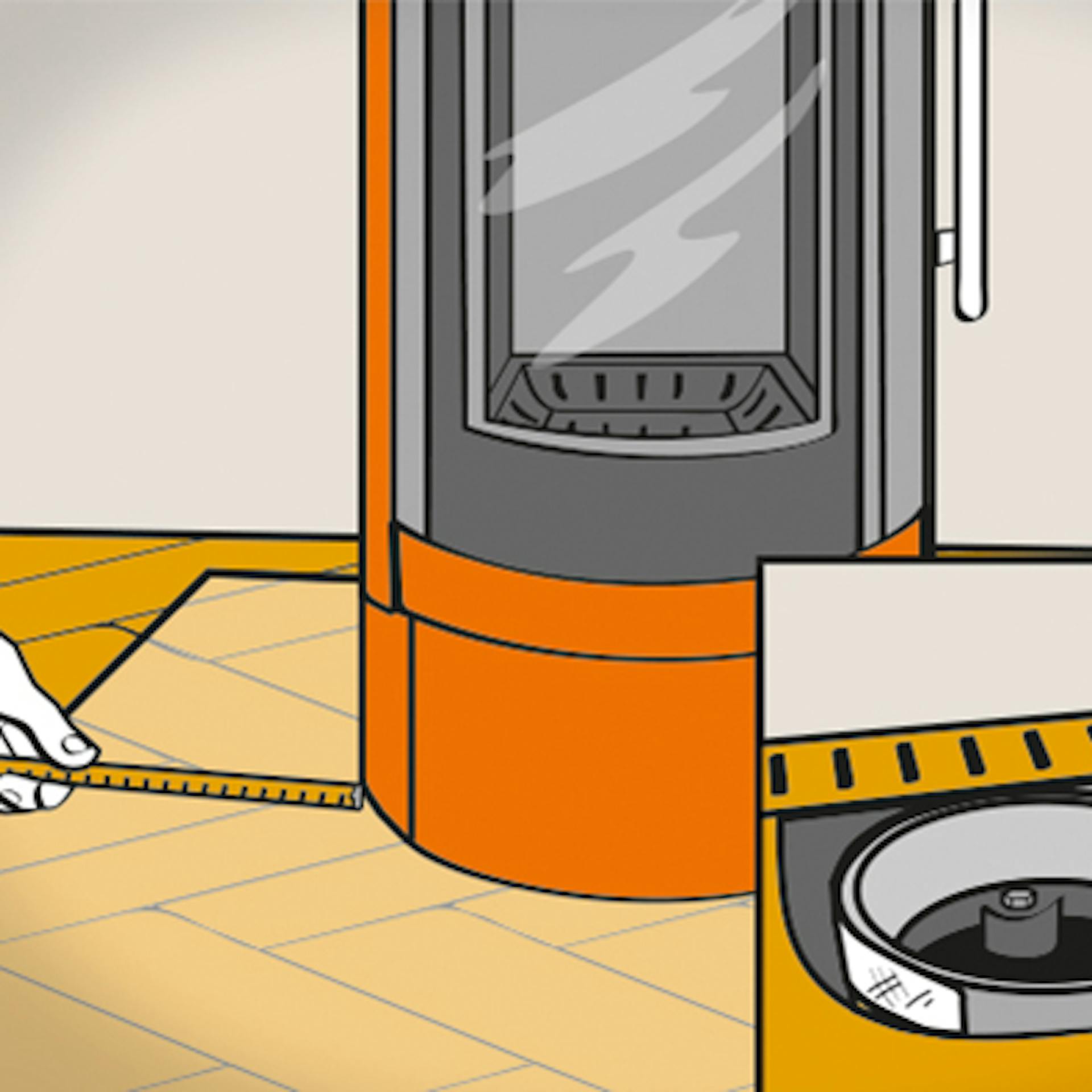 Person bringt Kaminofen in endgültige Person und schließt das Ofenrohr an.