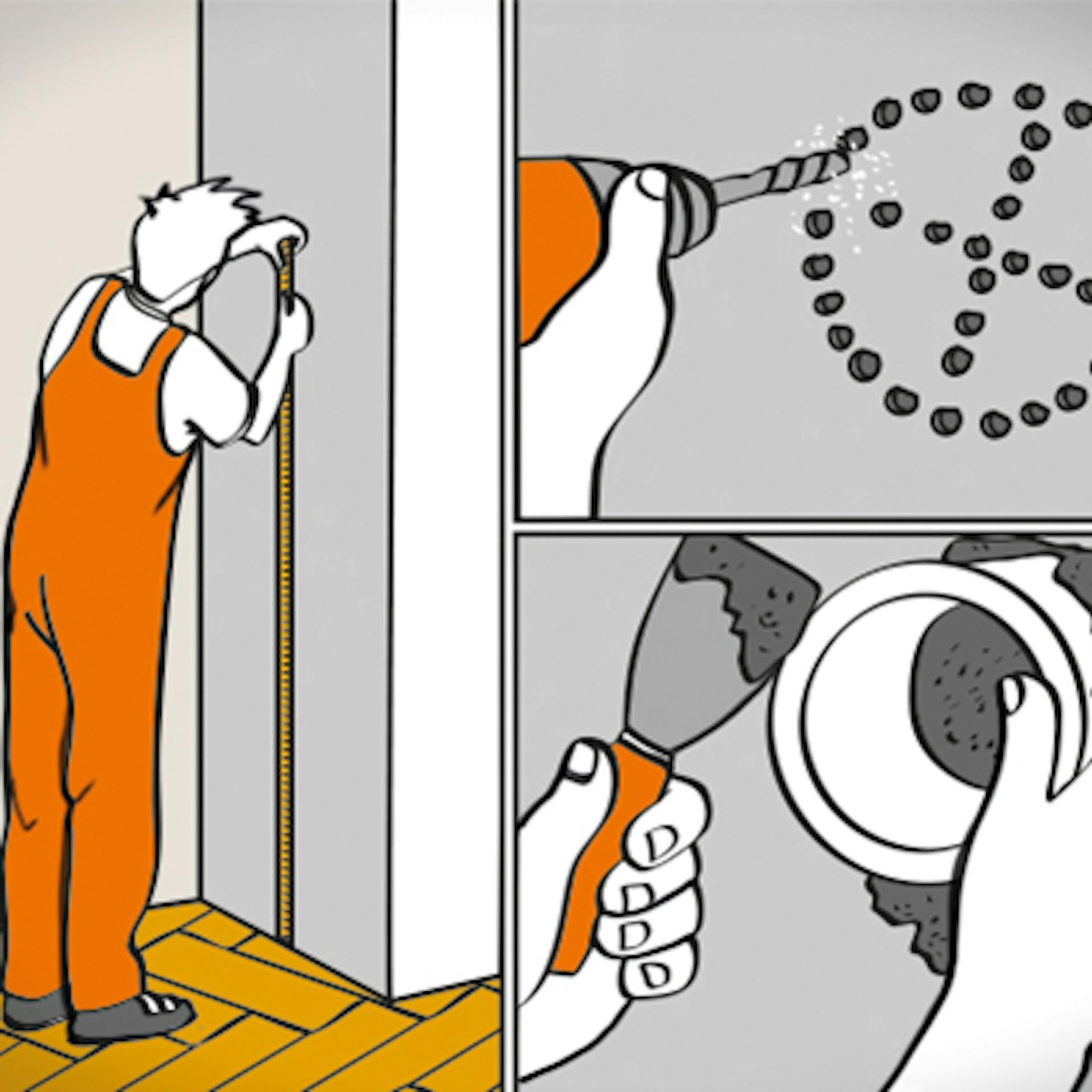 Person misst die Position für das Wandfutter aus, bohrt Löcher und setzt das Wandfutter ein.