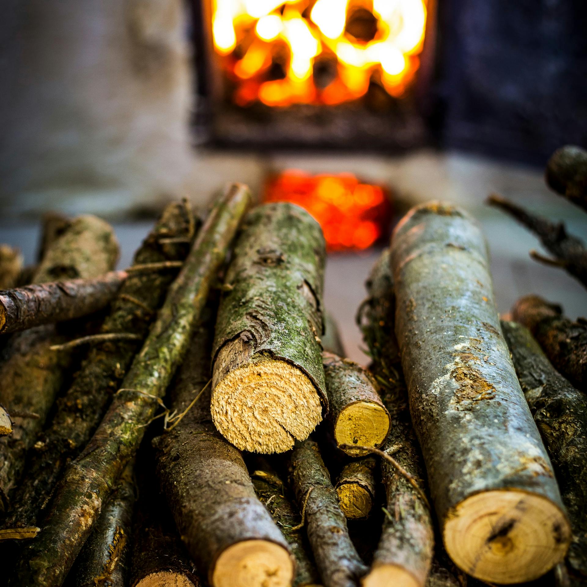 Una catasta di legna da ardere davanti a una stufa caminetto accesa.