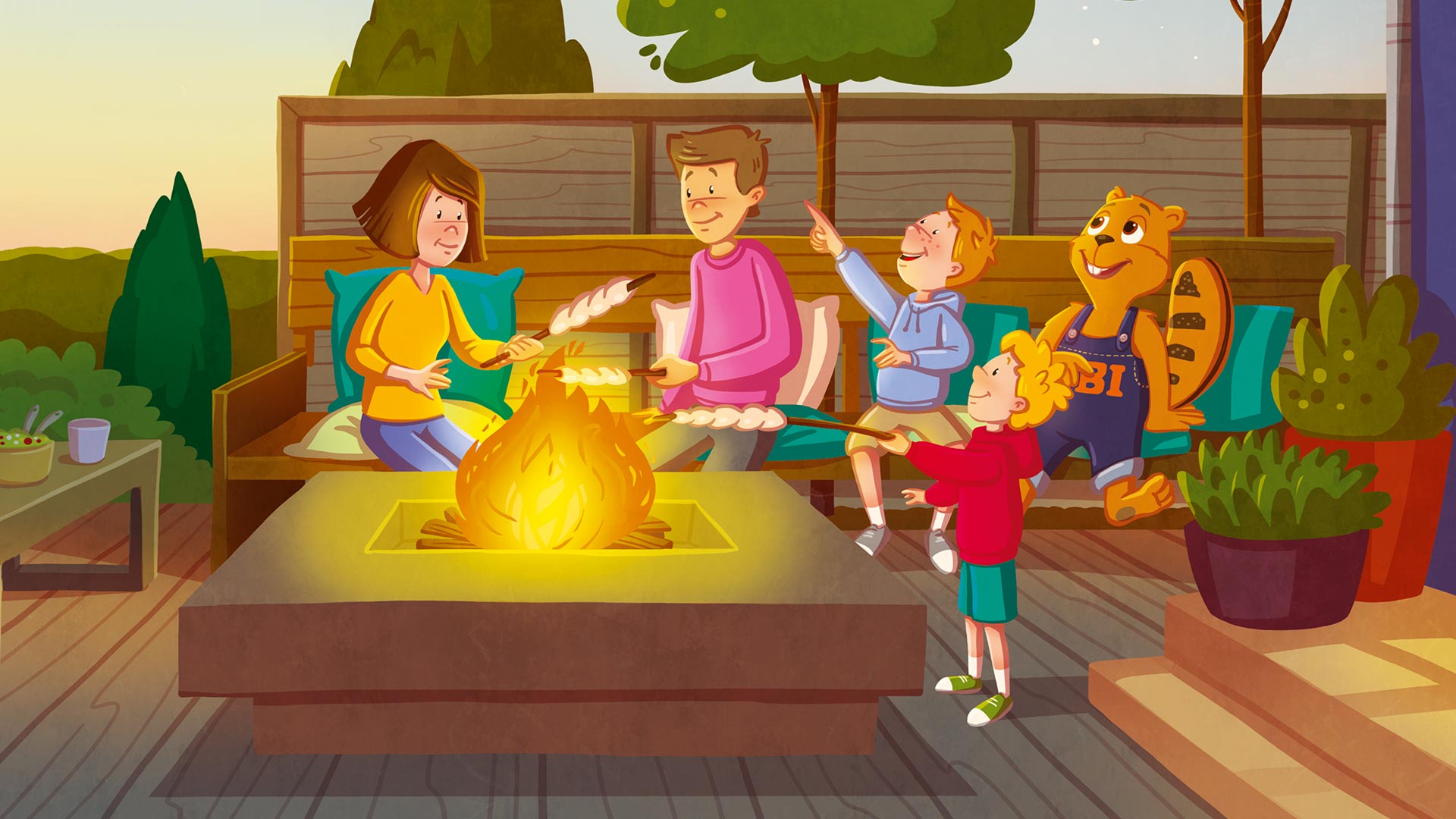 Rajz egy családról a tábortűz körül, pálcikás kenyérrel.