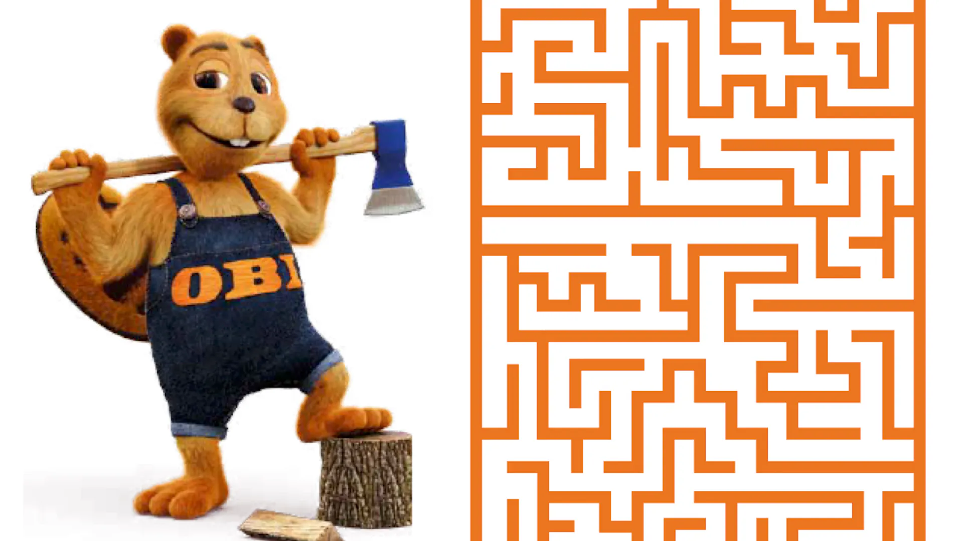 Der OBI Biber steht vor einem Kinderrätsel