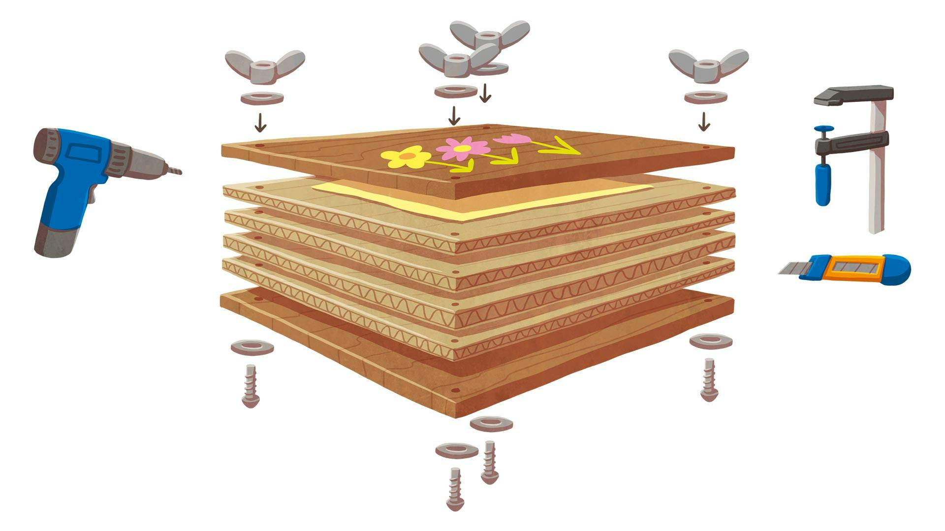 Egy virágprés építési kézikönyvének rajza.