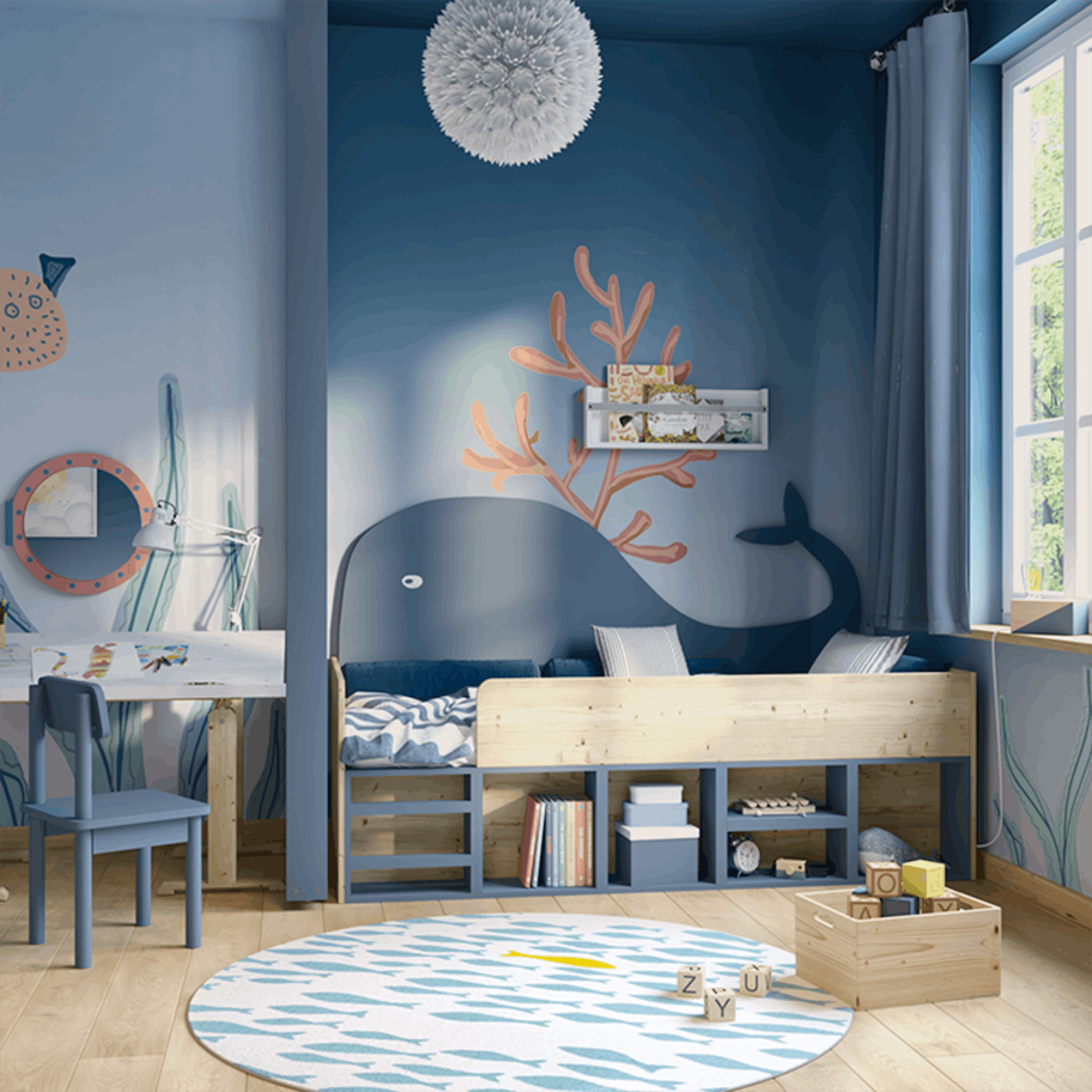 Bett Max, wo ein Wal als Rückwand des Bettes dient, steht in einem Raum, der durchzogen ist von blauen und Unterwasser Motiven.