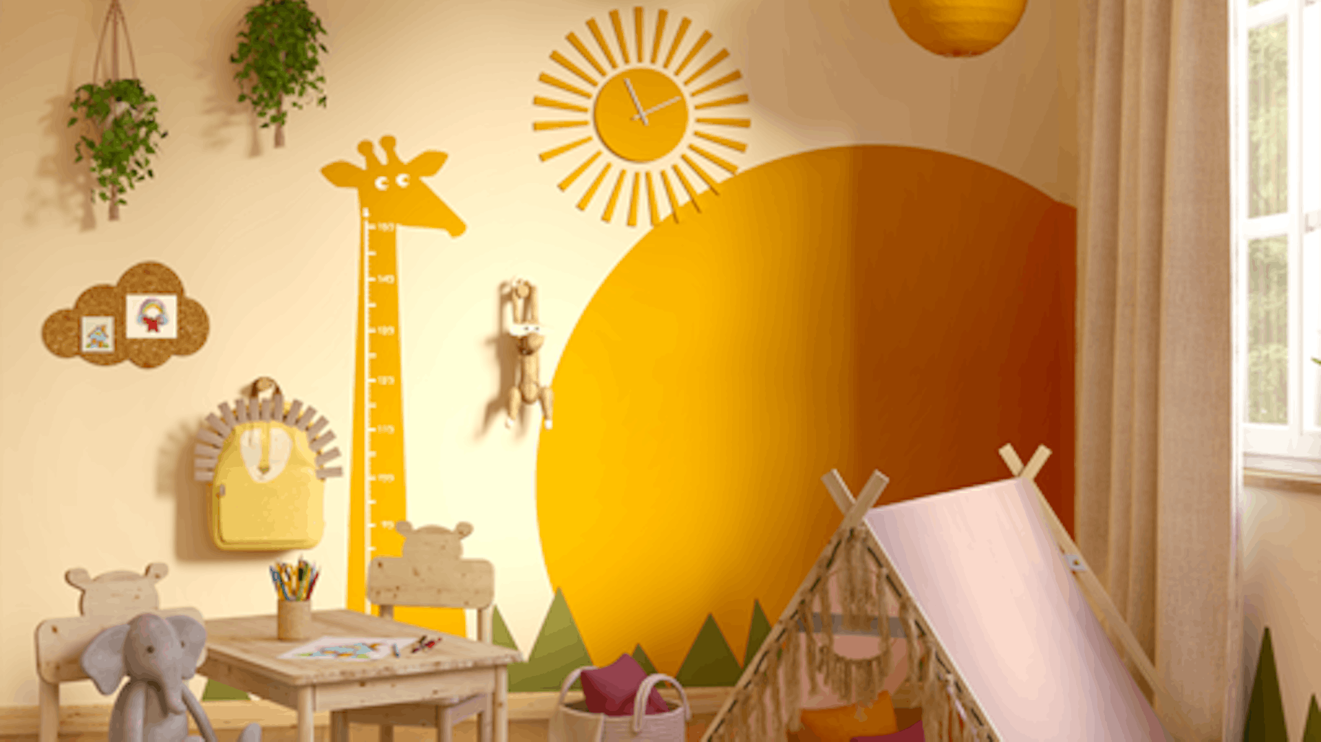 Ein Kinderzimmer, das in einem warmen Savannen-Look gestaltet wurde