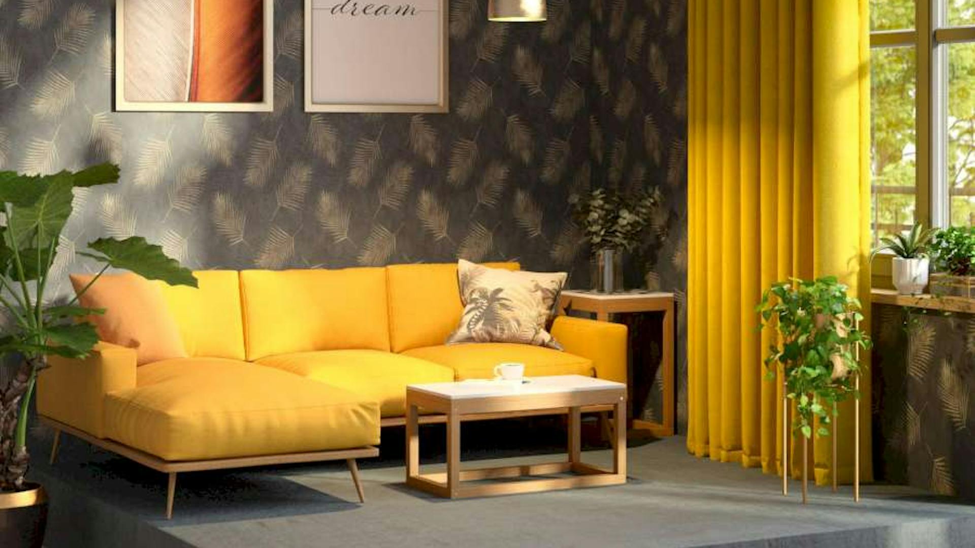 Ein gelbes Sofa, welches auf einem grauen Podest platziert ist und vor einer dunklen Tapete mit Blattmotiv steht.