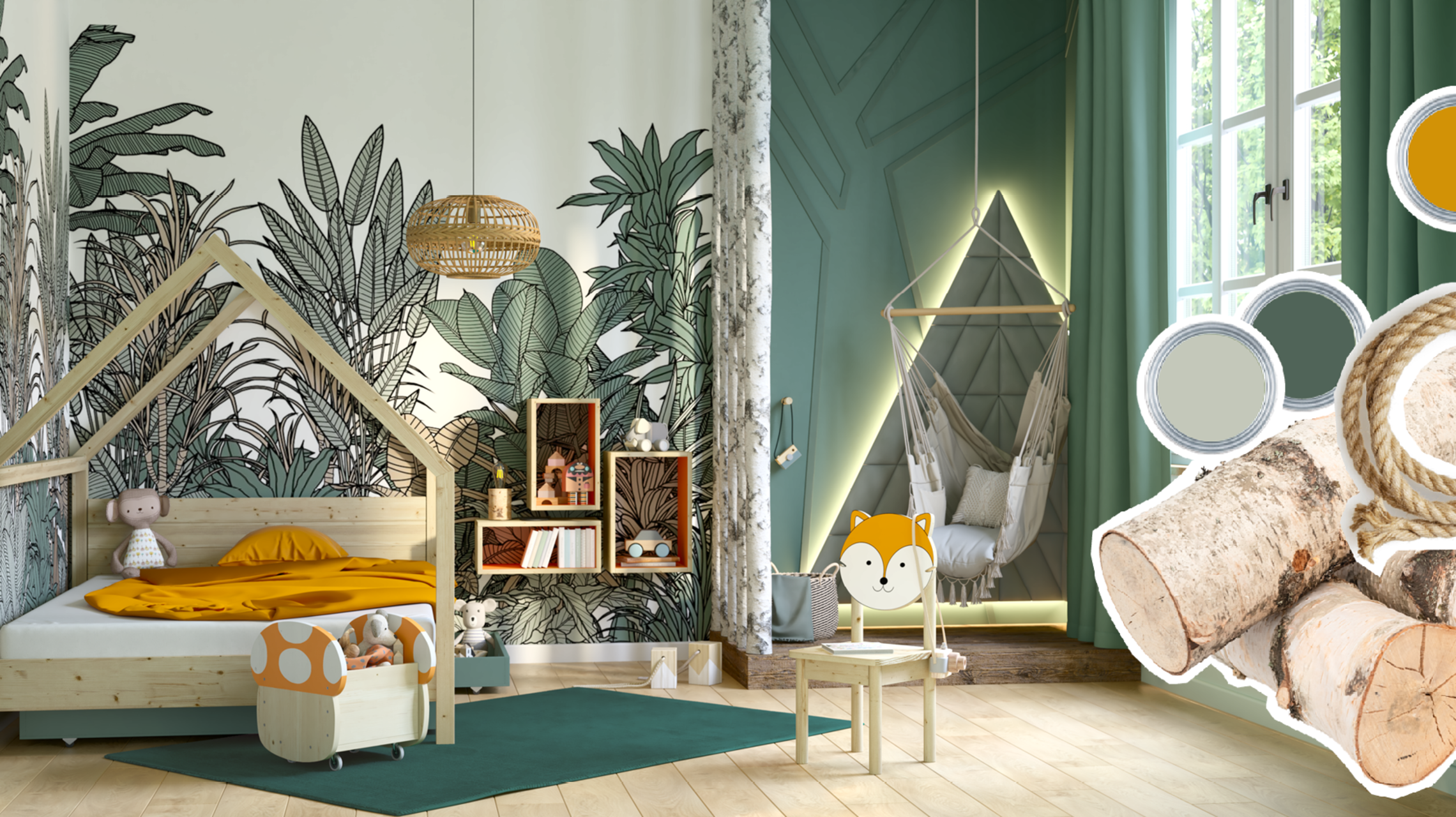 Ein Kinderzimmer mit Wald Motiven als Wandgestaltung und gesonderten Leseecke mit Hängesessel und durch indirekter Beleuchtung hervorgehobenen Fläche dahinter.