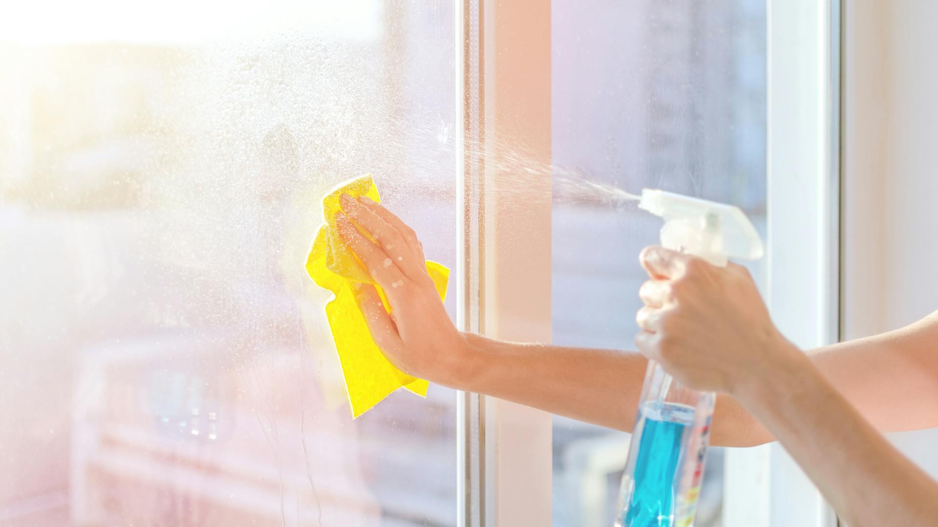 Eine Person reinigt Fenster mit Glasreiniger und Lappen.
