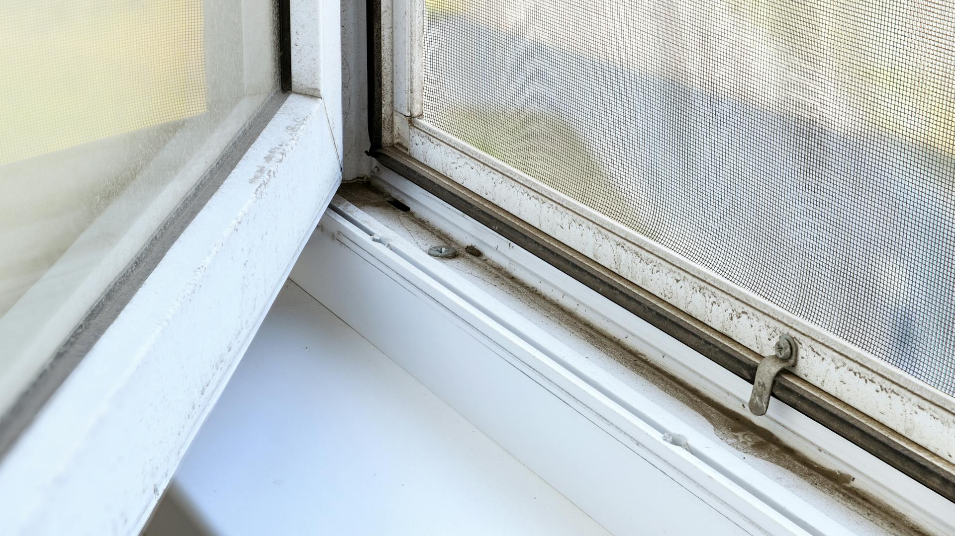 Schmutziges Kunststofffenster mit Insektenschutz