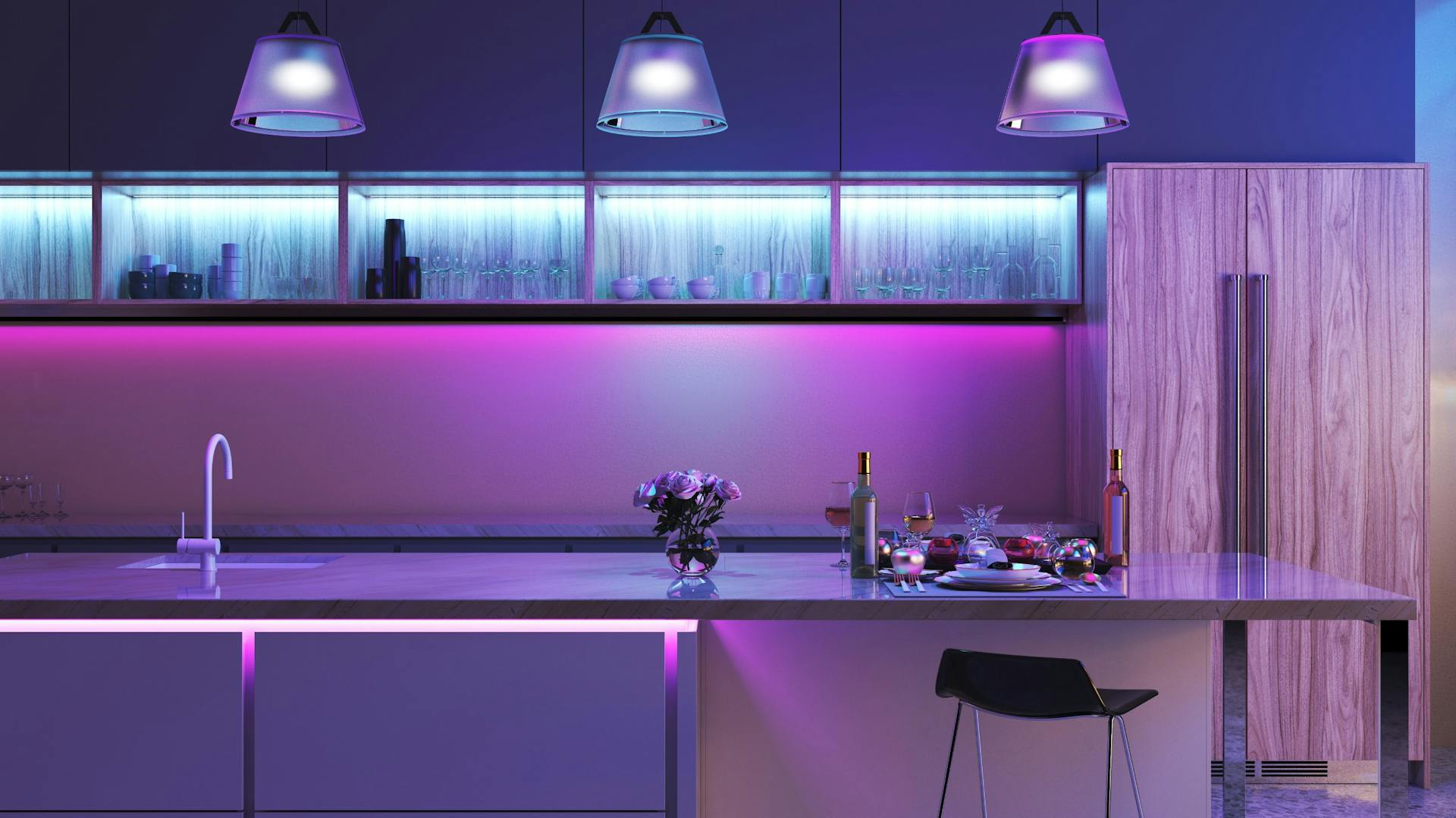 Küchenzeile mit violetter LED Beleuchtung