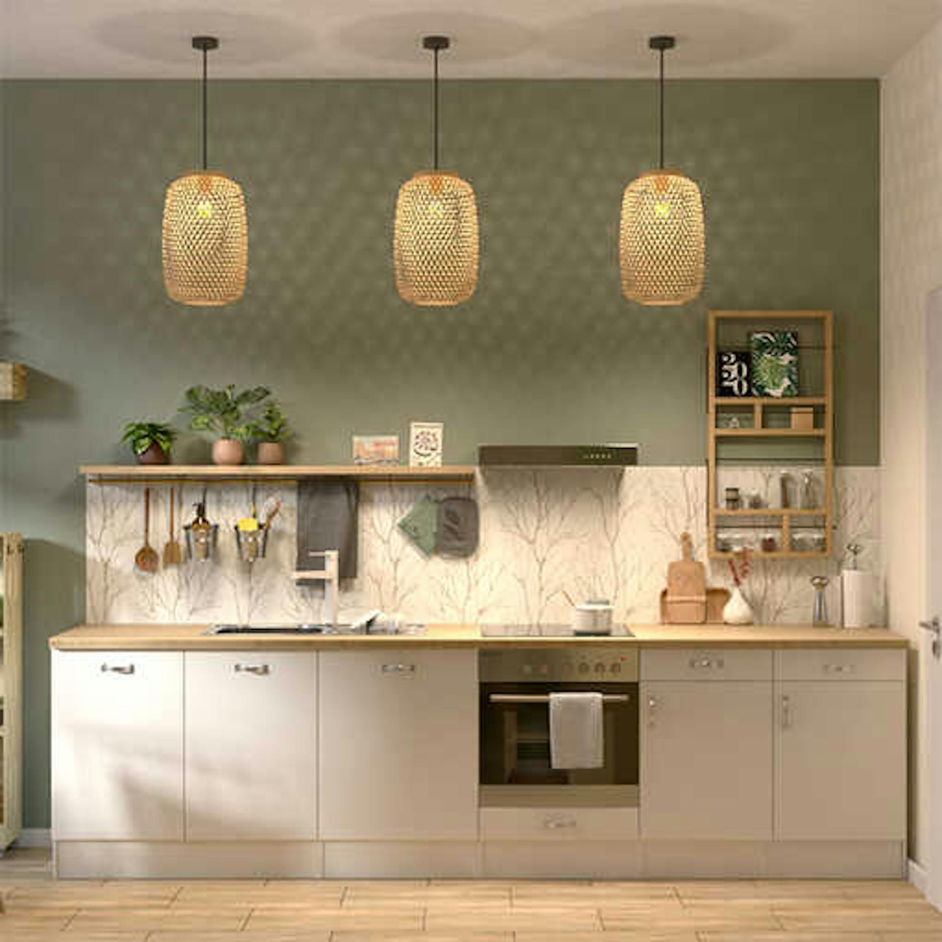 Küchenzeile mit weißen Fronten, einer hölzernen Arbeitsfläche und einer Küchenrückwand aus Tapete mit Zweigmuster.