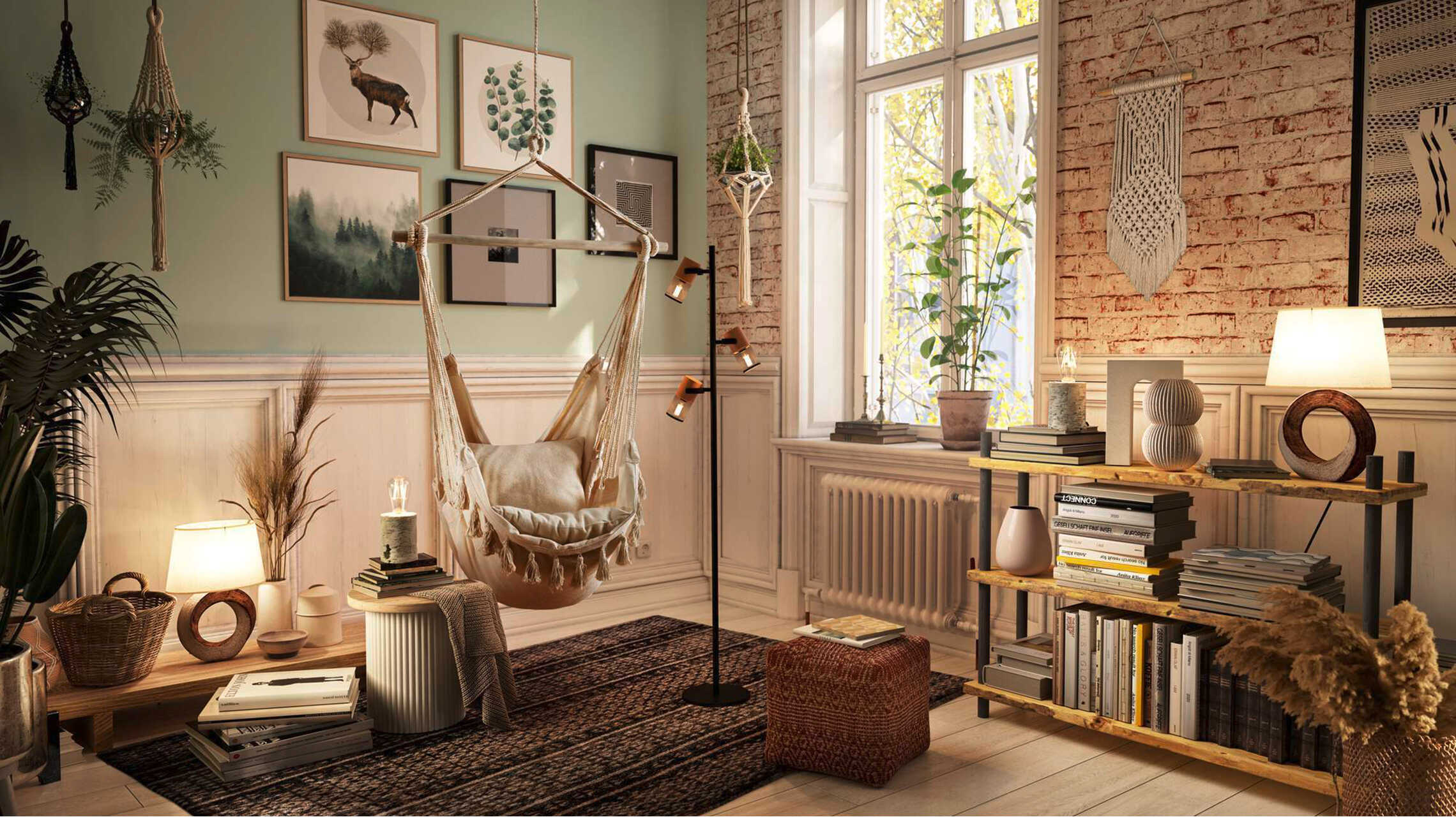 Ein Raum in warmen Licht, wo eine einzelne Wand in Backsteinoptik tapeziert worden ist und ein Hängesessel von der Decke hängt.