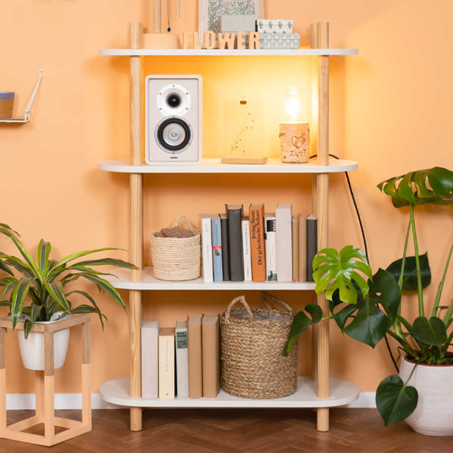 Regal Johann, in dem Bücher und Dekoration stehen, zwischen Pflanzen vor einer orangenen Wand