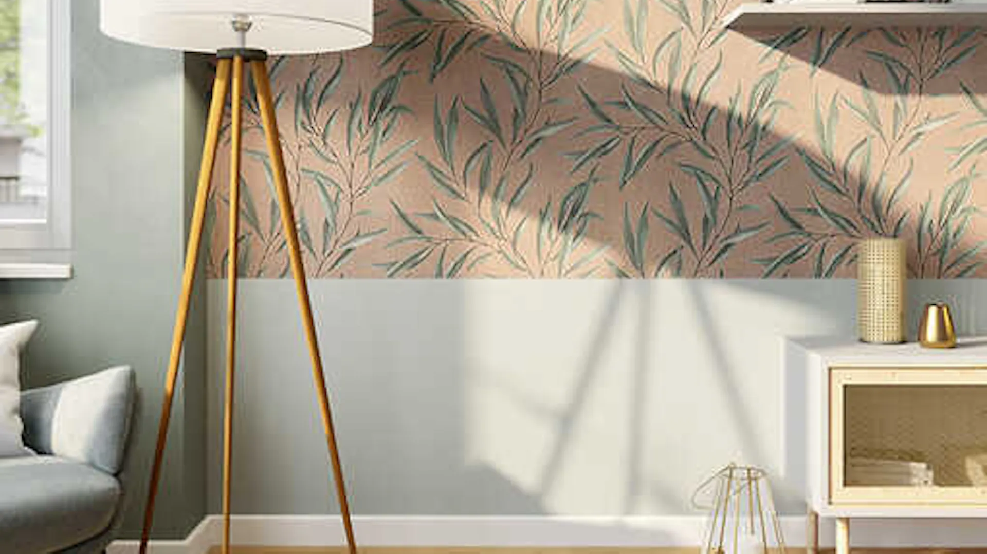 Natural-Wohnzimmer mit Holzmöbeln und Print-Tapete