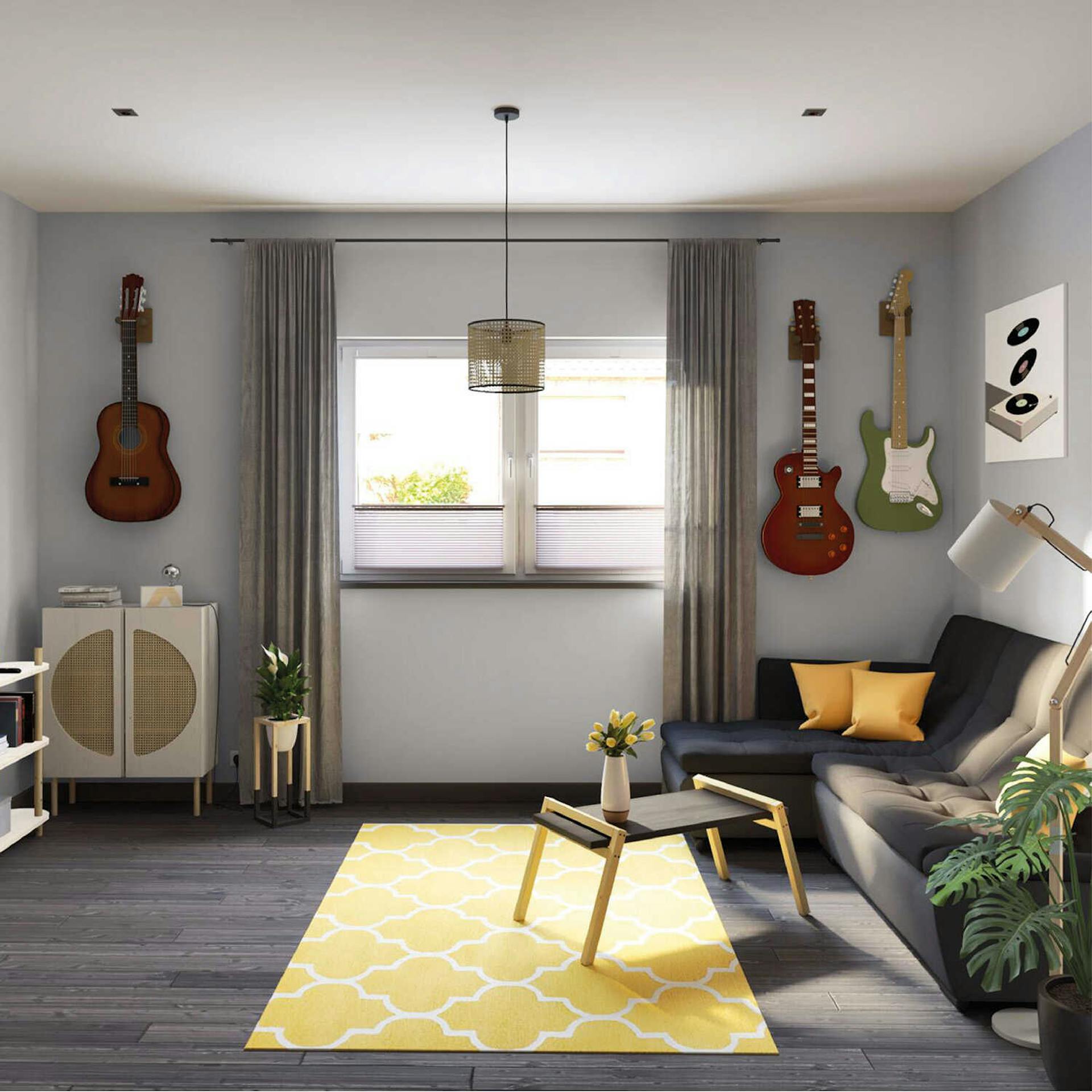 Ein Zimmer in Grautönen mit gelben Akzenten. An der Wand hängen Musikinstrumente.
