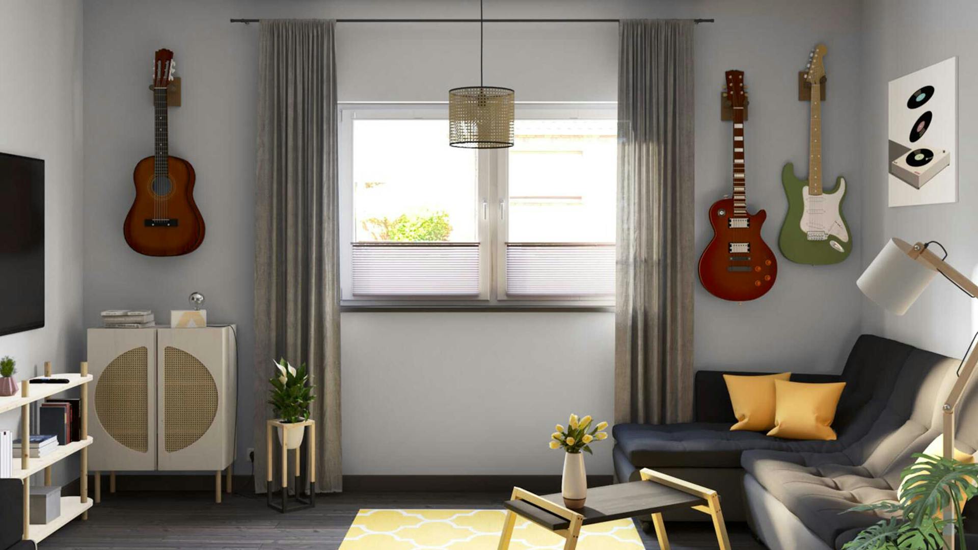 Ein helles Musikzimmer mit Couch, Fernseher und Regalen. An den Wänden hängen verschiedene Gitarren.