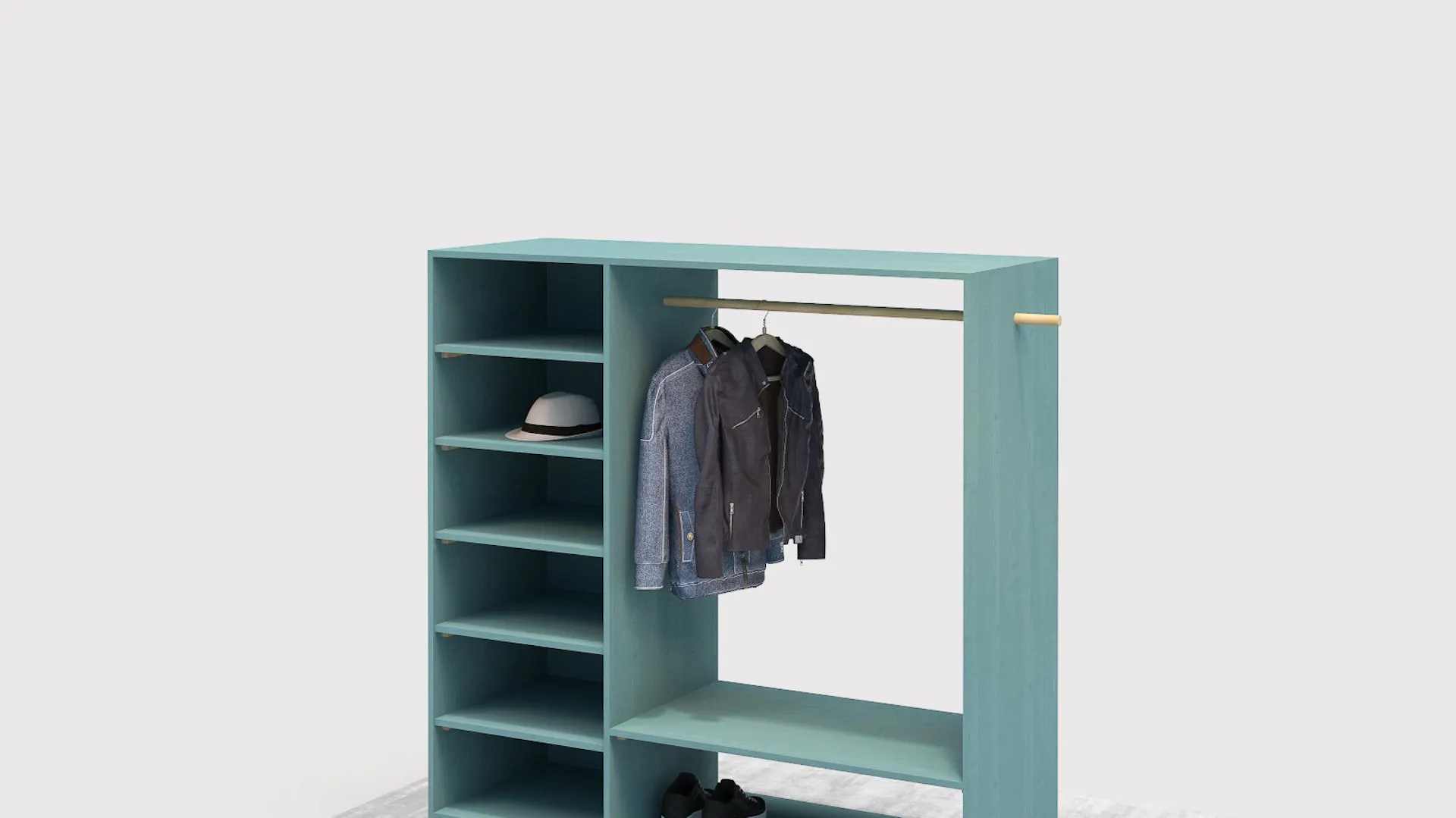 Mobiler Raumtrenner in Form einer Garderobe auf Rollen mit Kleidung und Schuhen.