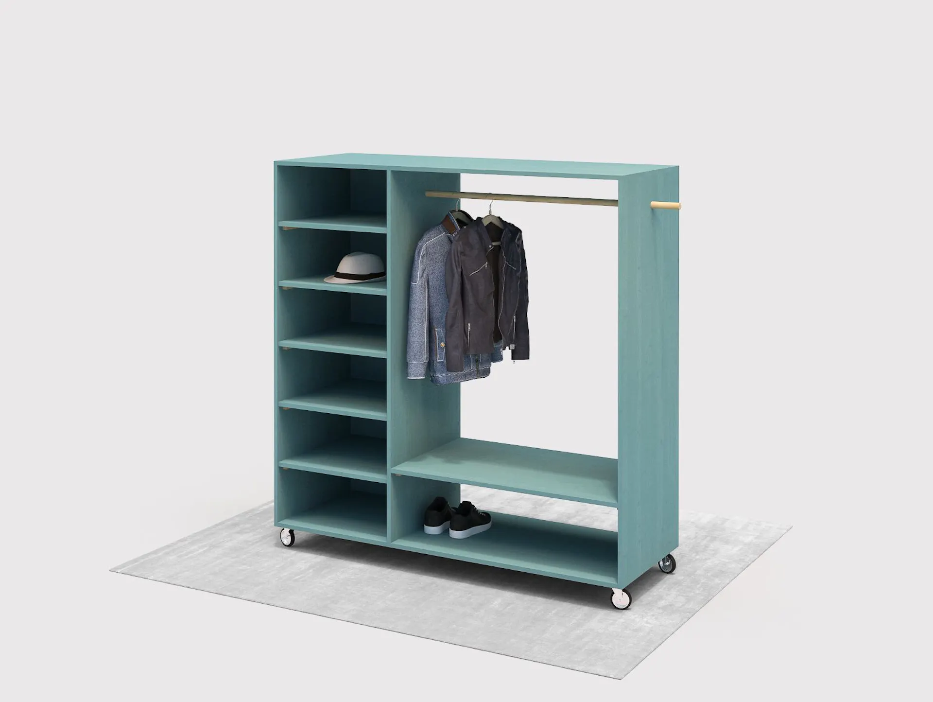 Mobiler Raumtrenner in Form einer Garderobe auf Rollen mit Kleidung und Schuhen.