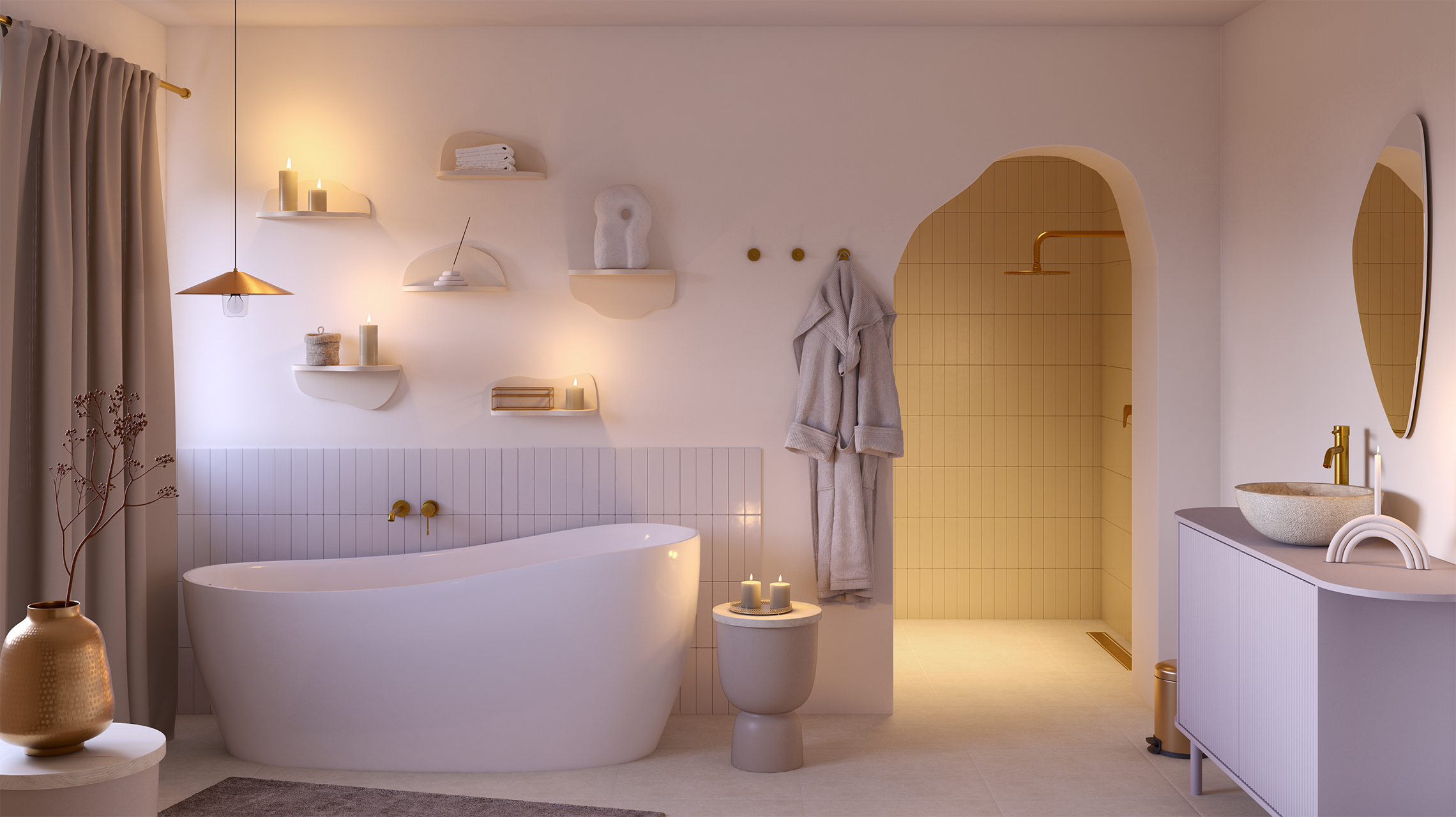 Ein Badezimmer, das in Weiß- und Beigetönen gestaltet wurde. Über der Badewanne hängen Regale in Freiform, daneben befindet sich die Dusche. 