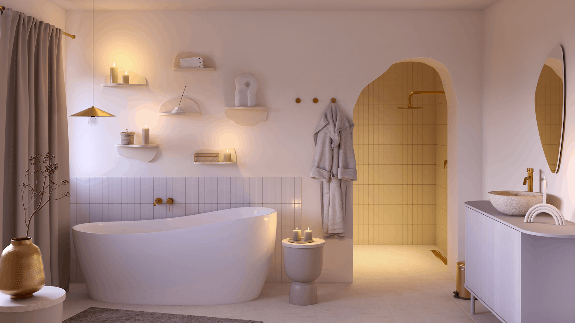 Ein Badezimmer, das in Weiß- und Beigetönen gestaltet wurde. Über der Badewanne hängen Regale in Freiform, daneben befindet sich die Dusche.