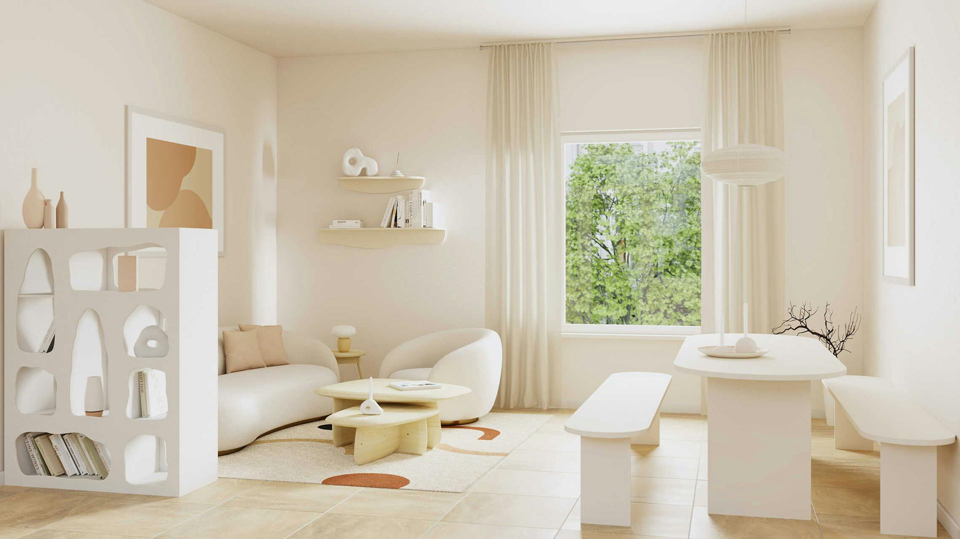 Ein organisch-modernes Wohnzimmer, das mit vorwiegend mit Weiß und Beige gestaltet wurde.