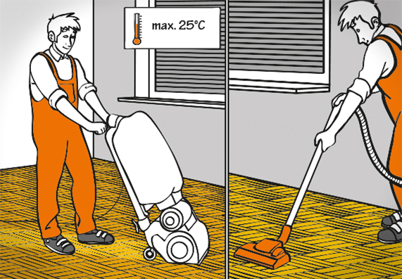 Uomo con levigatrice e uomo con aspirapolvere.